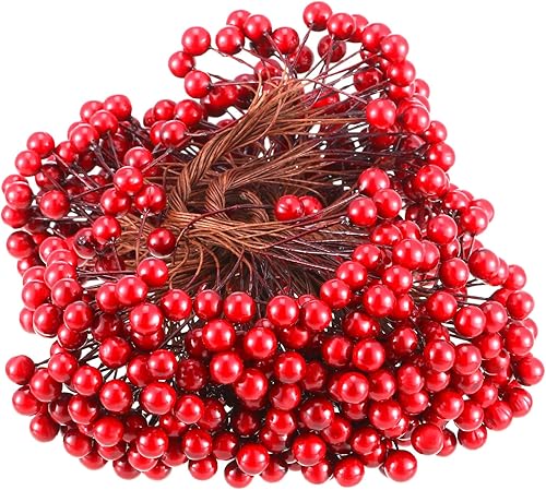 Miniatura 8 de BBTO Bayas artificiales de acebo en tallos de alambre, 250 tallos con 500 bayas falsas de 0.315 pulgadas para decoración de árboles, corona,