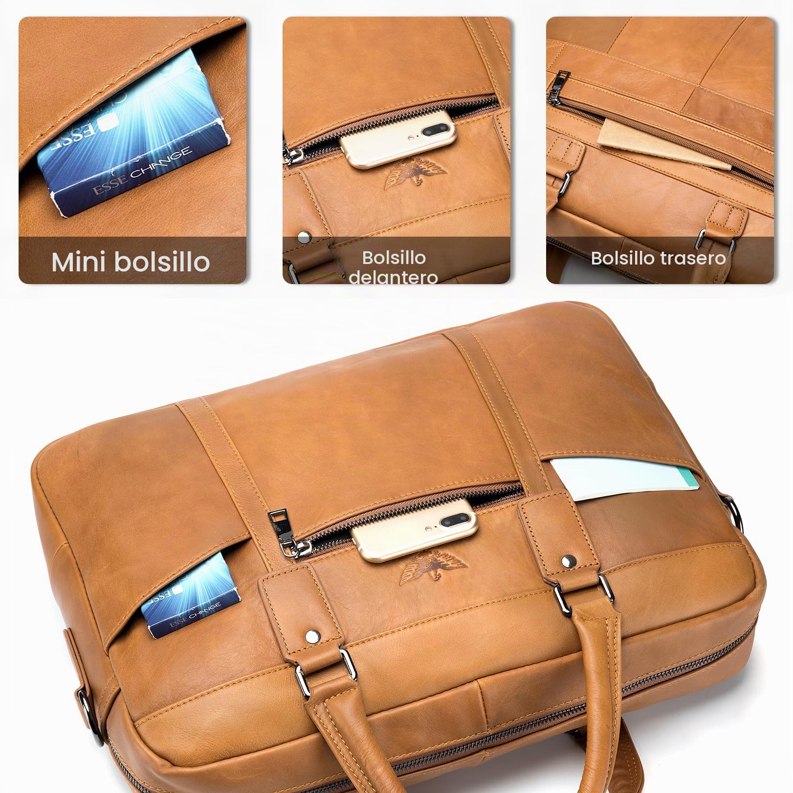BAGZY Maletin para Ordenador Portátil 15.6 Pulgadas Regalo Hombre Maletín de Cuero Genuino Bolso Hombre Bandolera para Portátil Bolso Mensajero Negocios (Marrón)