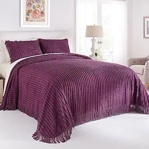 BrylaneHome Oversized Extra Wide Cotton Chenille Bedspread with Fringed Hems - King, Eggplant