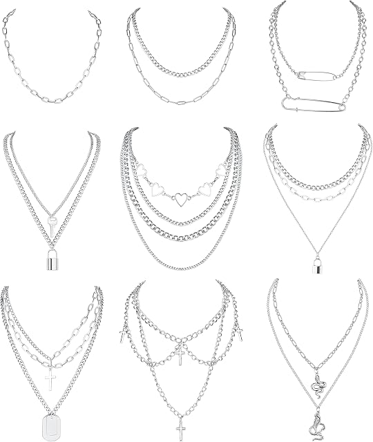 Kakonia Layered Necklaces for Women Men Punk Necklaces Heart Cross Key Lock Snake Safety Pin Pendant Necklaces Gothic Chain Necklaces Silver Y2K Statement Necklaces Emo Necklace Set