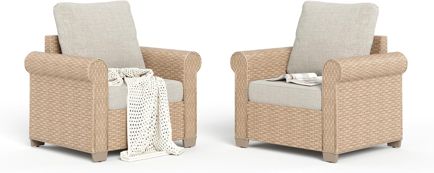 Patio Furniture Set 2 pcs, Rattan Outdoor Chairs with 5.5” Thick Waterproof Cushions, All Weather Wicker Conversation Set for Garden Backyard Deck, Beige