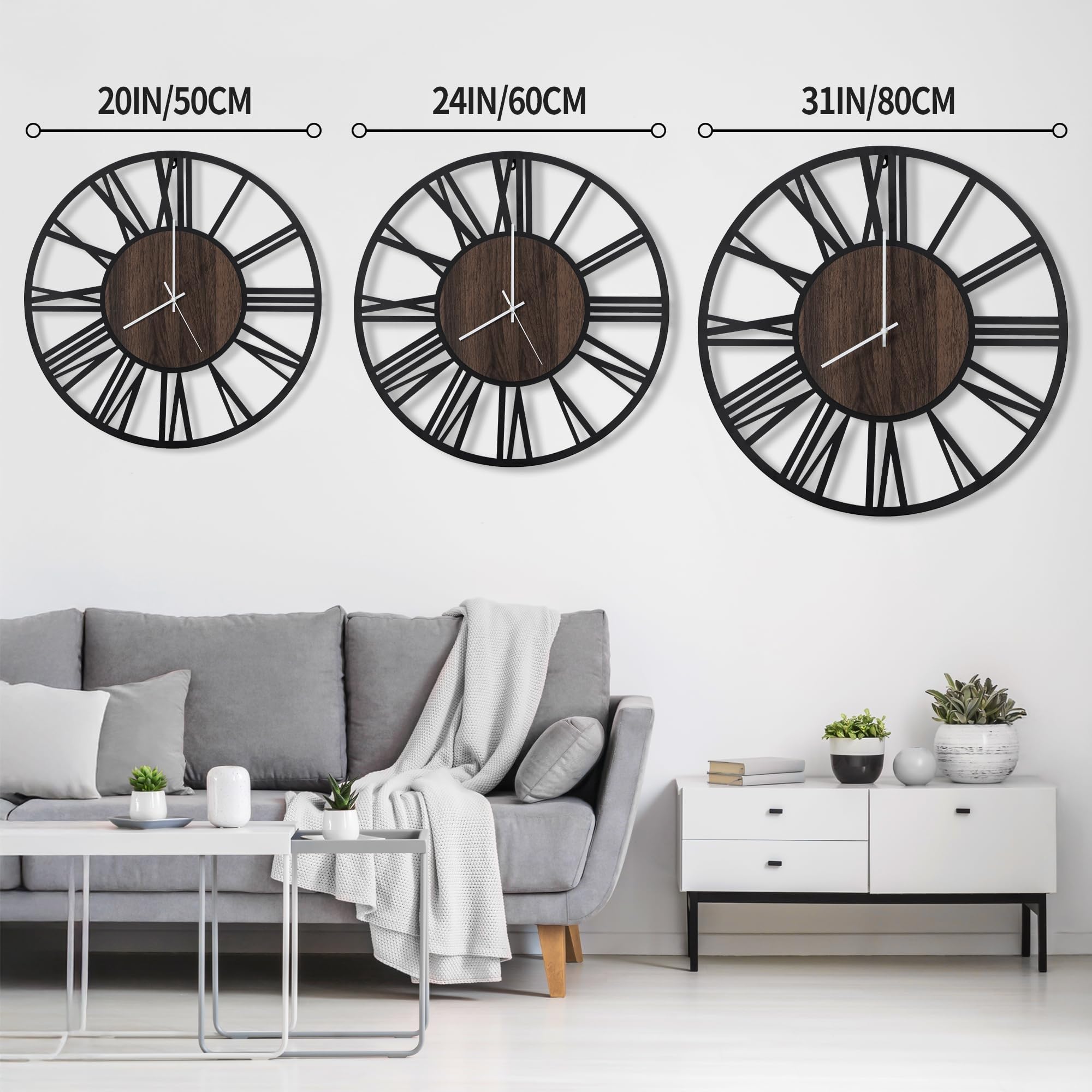 Maxstar Horloge Murale 80cm Silencieuse Style Bois Métal LED Moderne Chiffres Romains Noir