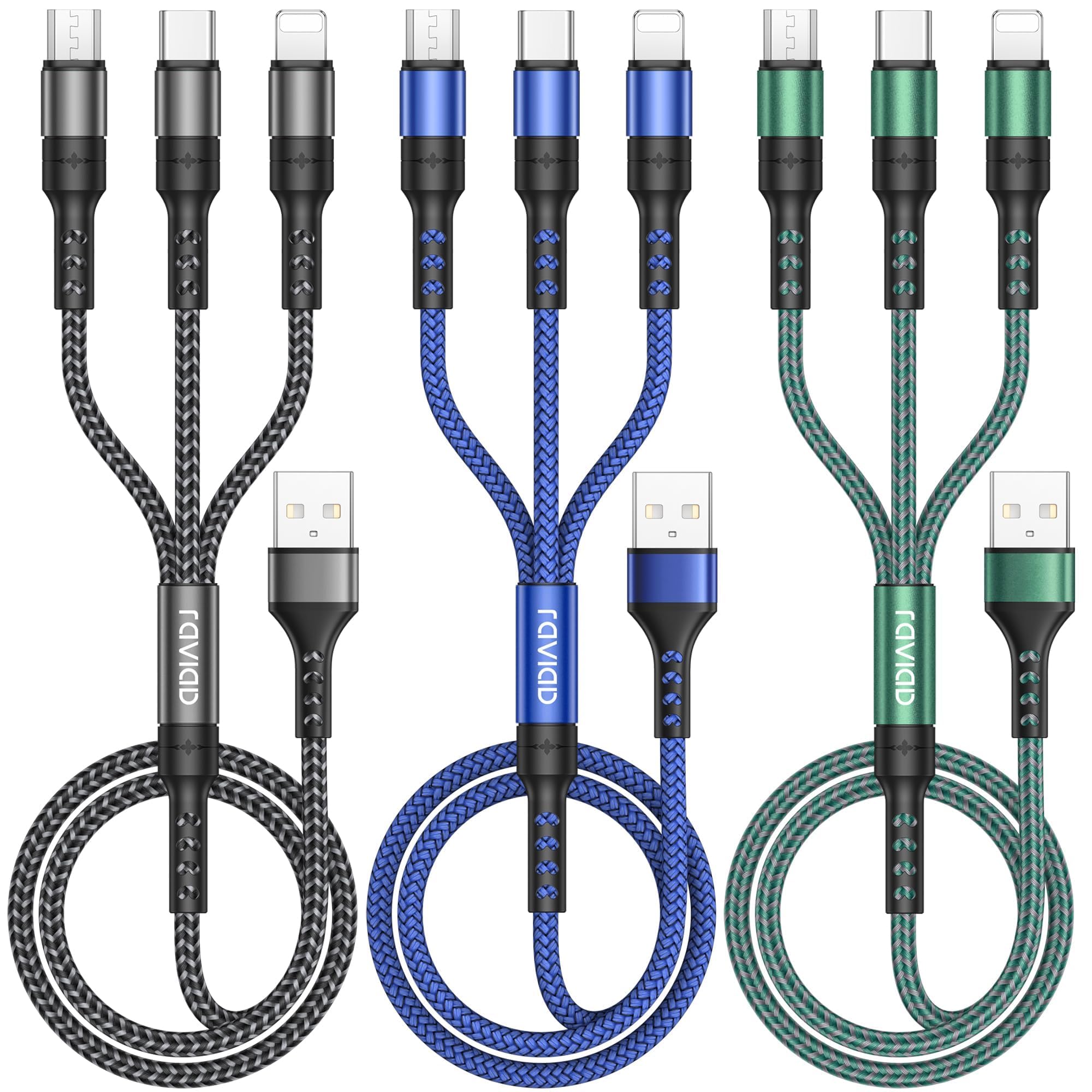 RAVIAD Multi USB Kabel, [3Stück 1.2M] Multi Ladekabel 3 in 1 Schnellladekabel Nylon USB Ladekabel Mehrfach mit Micro USB Typ C Lightning Kabel für iPhone 17 16 15 14 Pro, Galaxy S25 S24 S23, Huawei