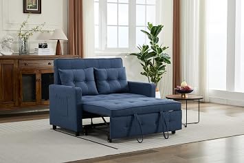 KEIKI 46" Sleeper Sofa Bed, 3-in-1 Convertible Sofa Chair with Pullout Bed, Loveseat with Adjustable Backrest and Side Pocket for Living Room, Dorm, Apartment, Blue