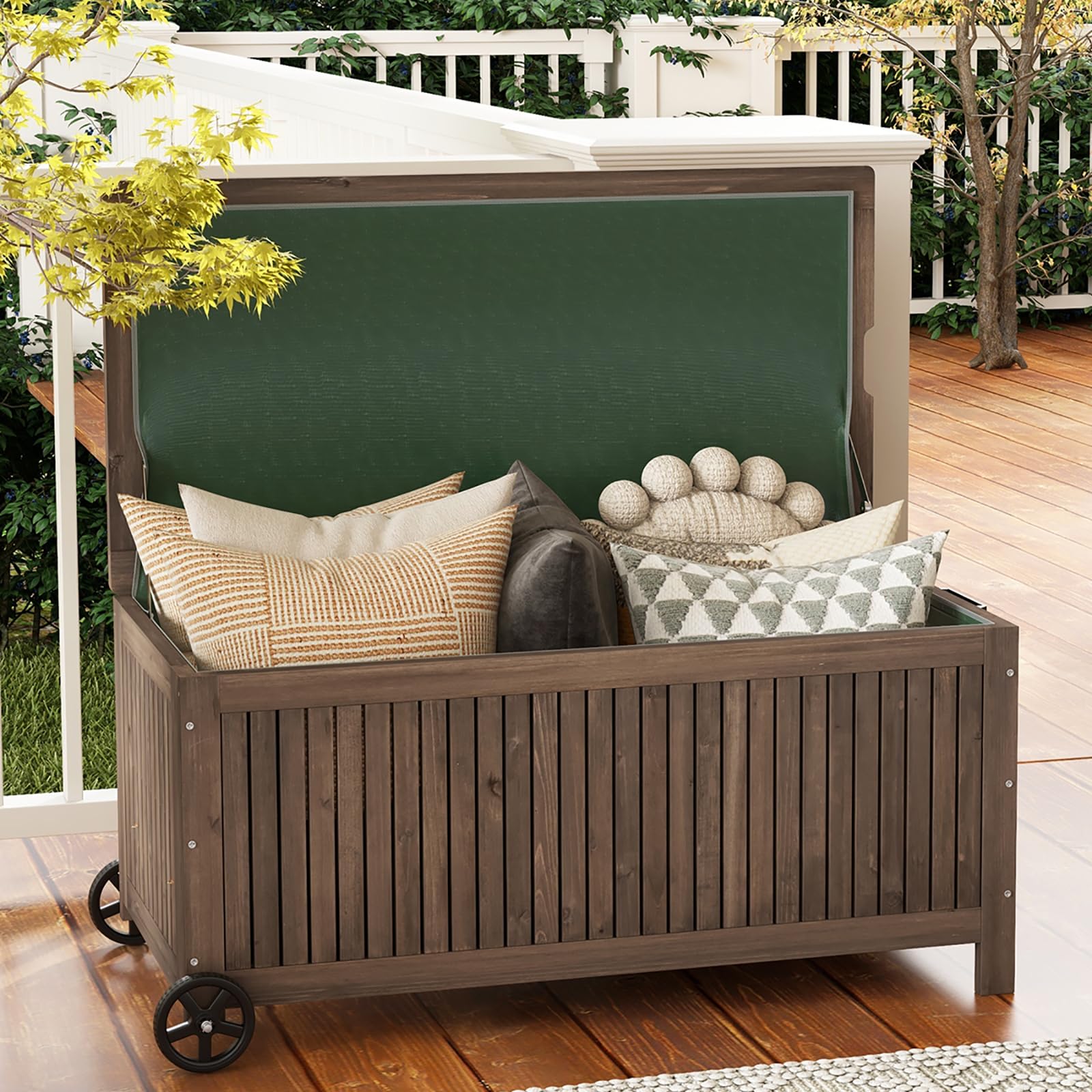 GIANTEX Gartenbox Holz Wetterfest 213 L, Auflagenbox Kissenbox mit Innentasche, Aufbewahrungsbox mit Rädern, Kissentruhe Gartentruhe mit Deckel & Griff, Garten Holztruhe 114 x 58,5 x 51 cm Garten