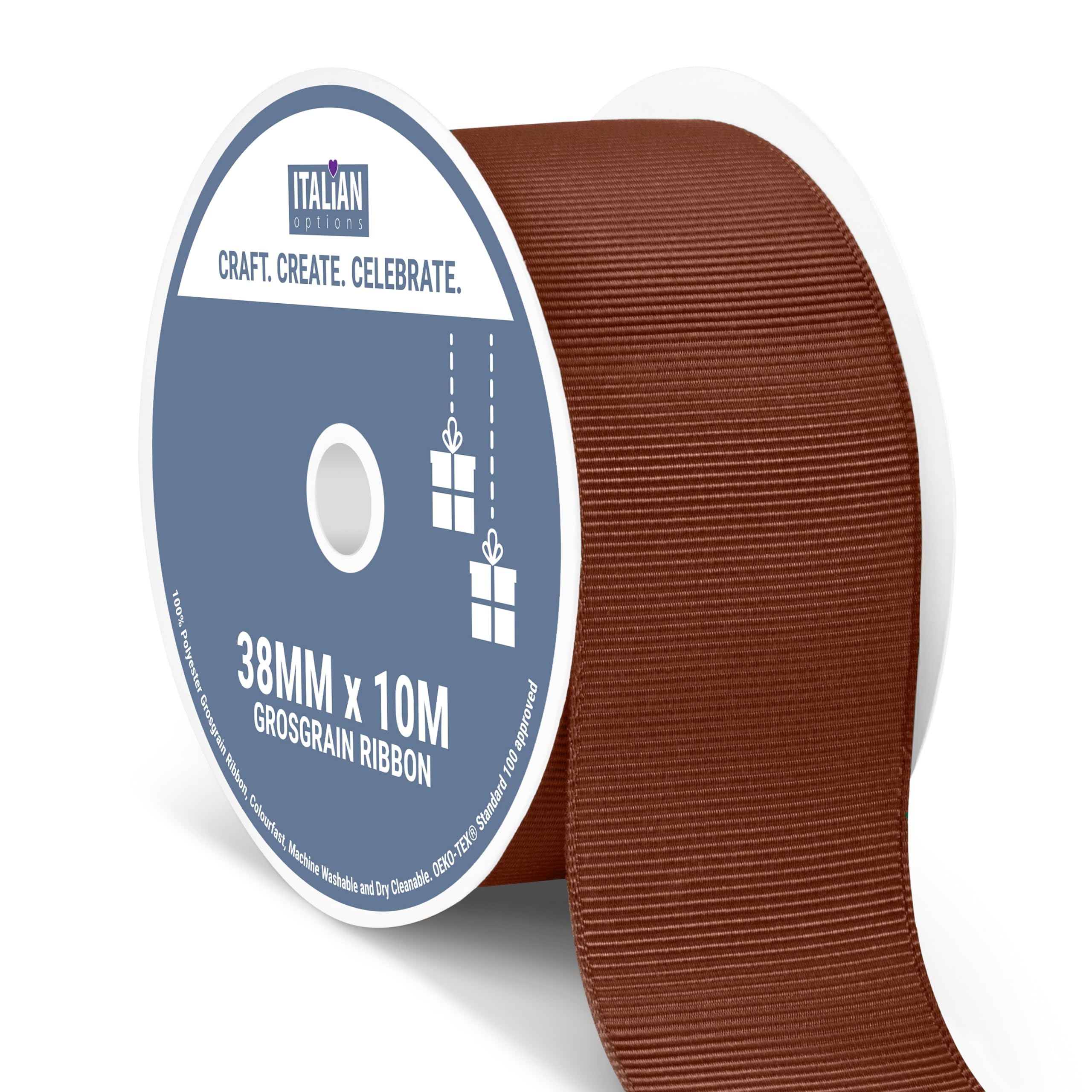 Italian Options Grosgrain Ribbon 38mm, Strong Plain Brown Ribbon for Bows, Wedding, Crafting, Sewing, Hair Accessories, Gift Wrap, 38 mm x 10 Metre Roll, Brown — image 1