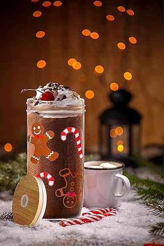 Miniatura 5 de ANOTION Vasos de Navidad, tazas de Navidad de colores de 24 onzas, tarros de vidrio con tapa y pajita, vasos de Navidad, vasos para beber, tazas de