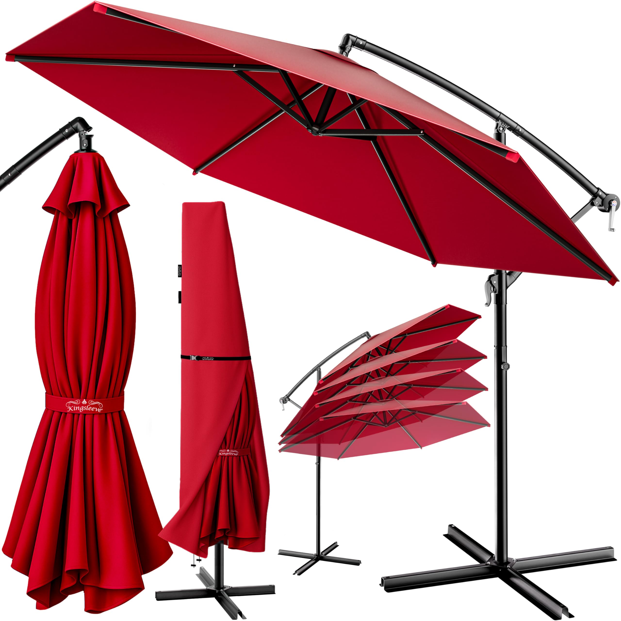 Kingsleeve® Sonnenschirm UV Schutz 80+ Ø 300 cm Groß mit Ständer Schutzhülle Windsicherung Windfest Neigbar Rund Kurbel Garten Balkon Ampelschirm Rot