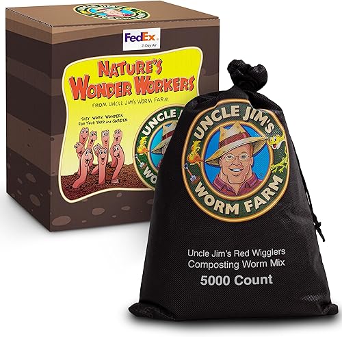 Uncle Jim's Worm Farm Mezcla de gusanos de compostaje Red Wiggler de 5000 unidades para suelo de jardín o pesca | Paquete de iniciación de gusanos