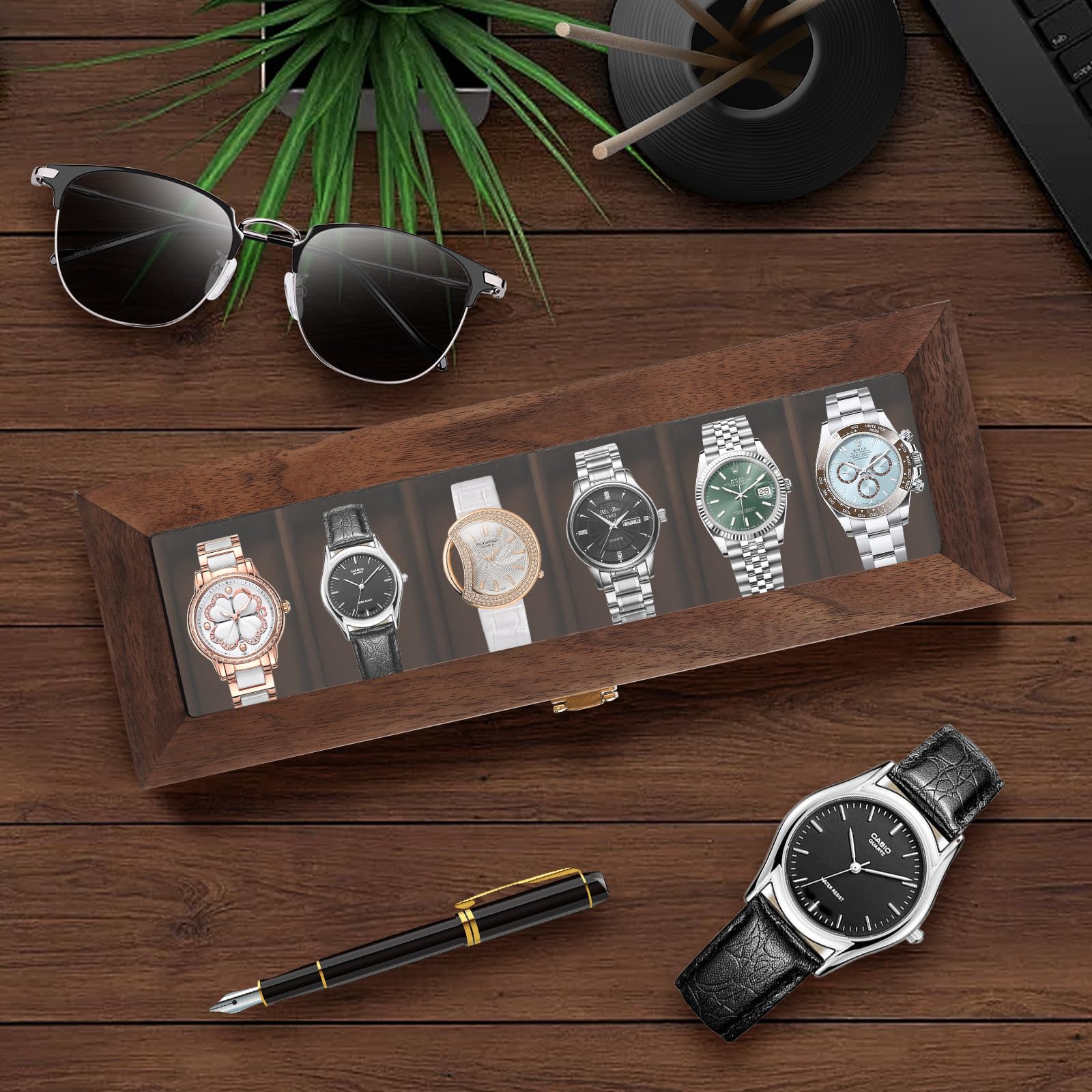 Caja de Relojes con 6 Compartimentos,Caja Relojes de Madera,Estuche de Reloje con Tapa de Cristal,Forro Suave,Cojín Extraíble,Cierre Metálico,Cajas para Reloje para Hombres y Mujeres