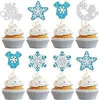 Vista 27 de Gyufise 24 adornos plateados para cupcakes con purpurina azul y plateado para tartas de Miss to Mrs para decoración de tartas de invierno, bodas