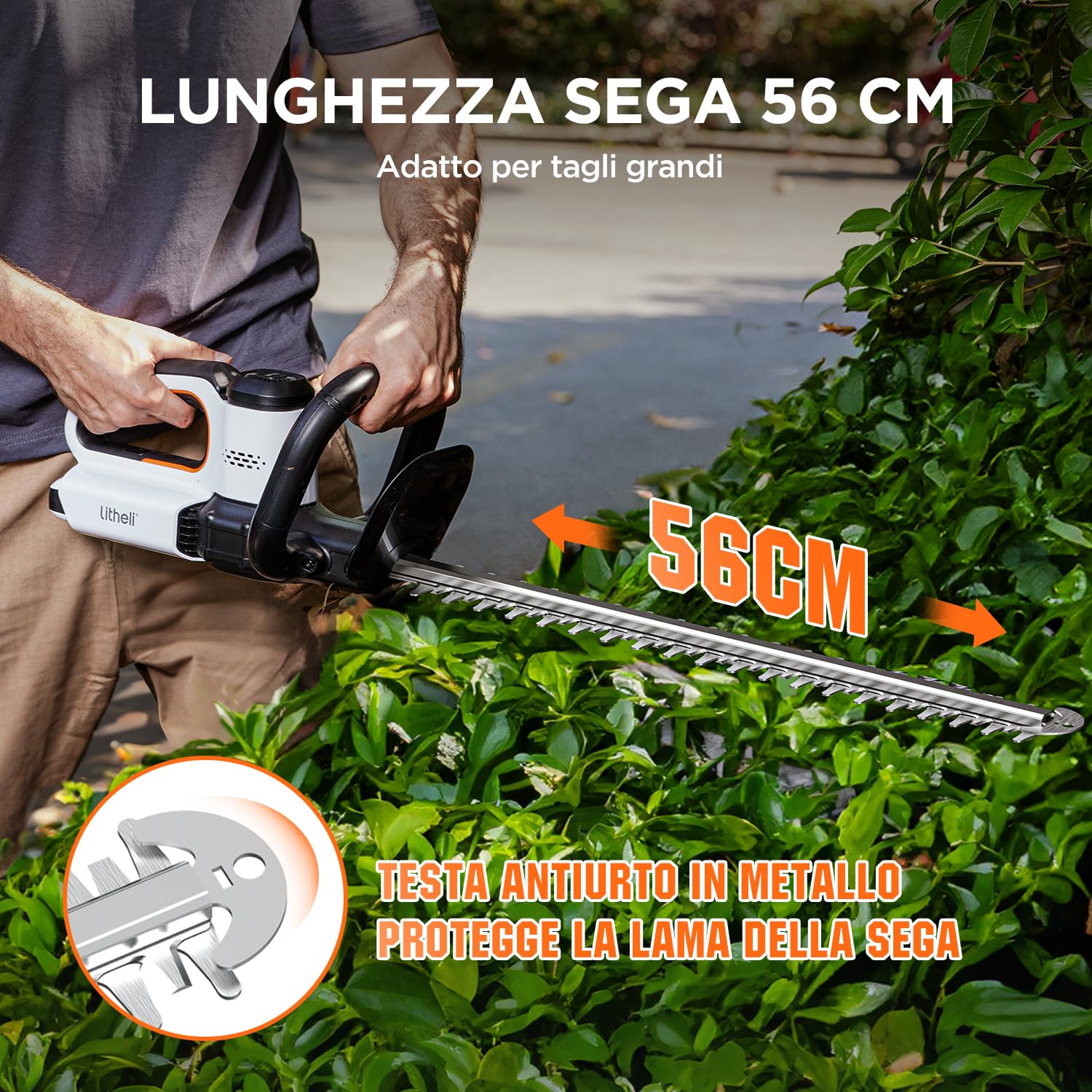 Litheli Tagliasiepi a Batteria 20V, Lunghezza Lama 56cm, 20mm Distanza tra i Denti, Con Batteria da 10000mAH, Tagliasiepi Elettrico
