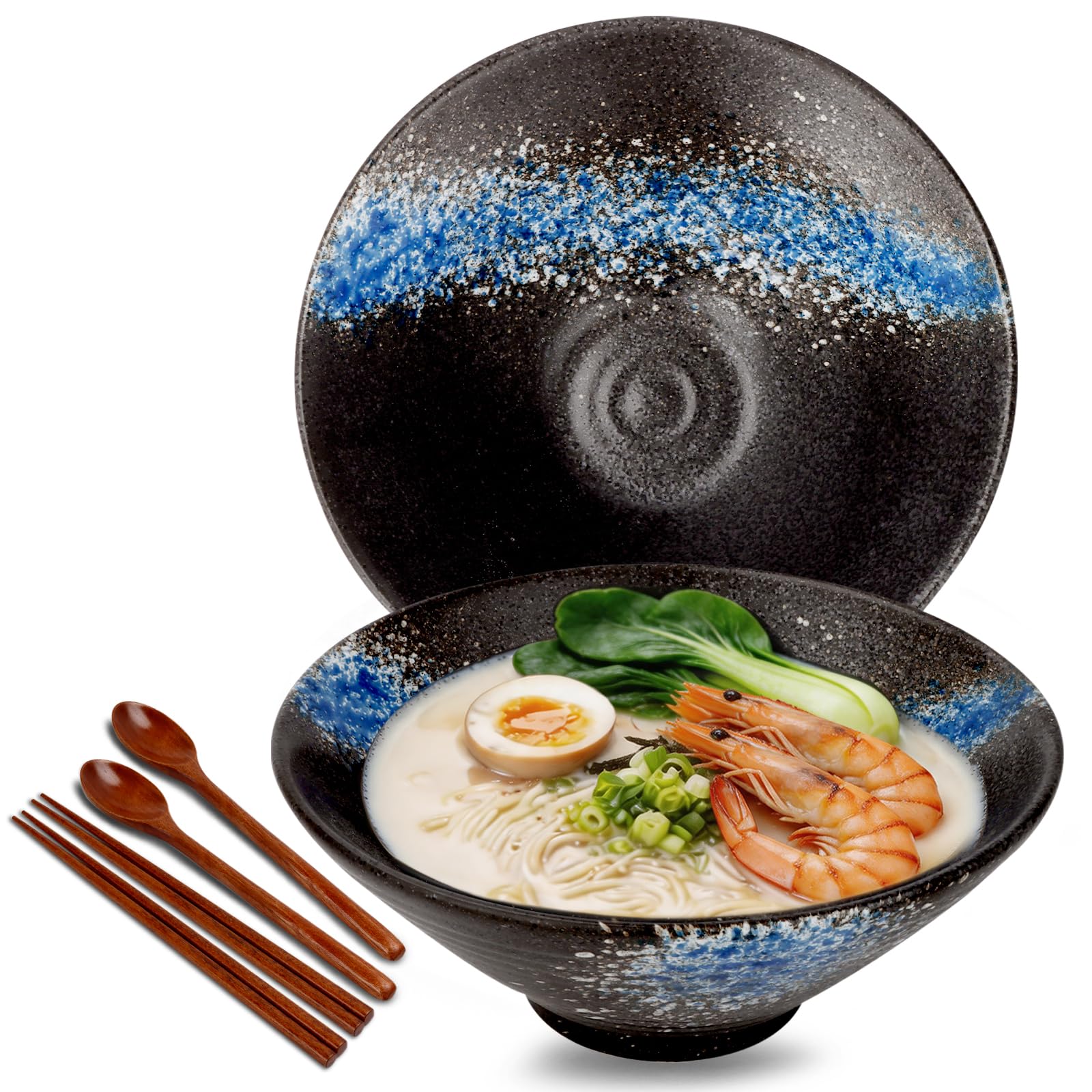 Maidyna 8 Inch Ceramic Ramen Bowl Set of 2, 1000ml Large Japanese Noodle Bowls with Chopsticks and Spoons - Pho, Udon, and Poke Bowls, Microwave and Dishwasher Safe, Housewarming Gift, Blue Ice