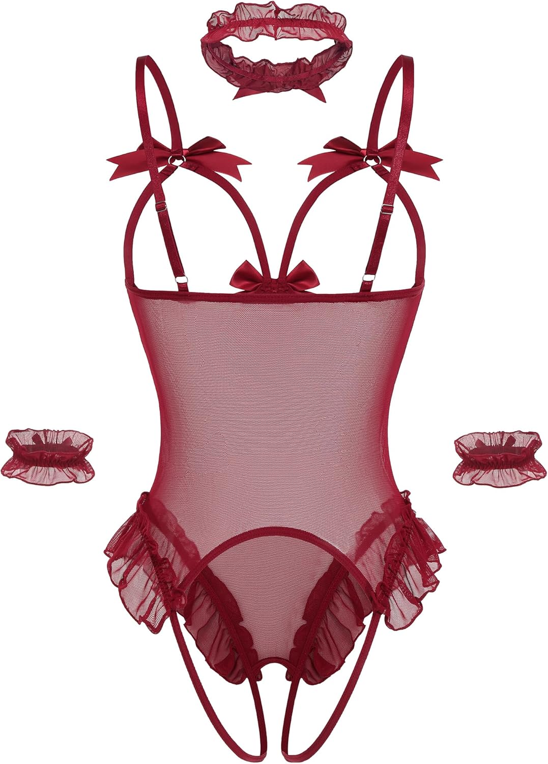 Avidlove Womens Lingerie Bodysuit 4 Piece Set Sheer Mesh Teddy Babydoll with Detachable Collar and Wrist Cuffs - Image 3