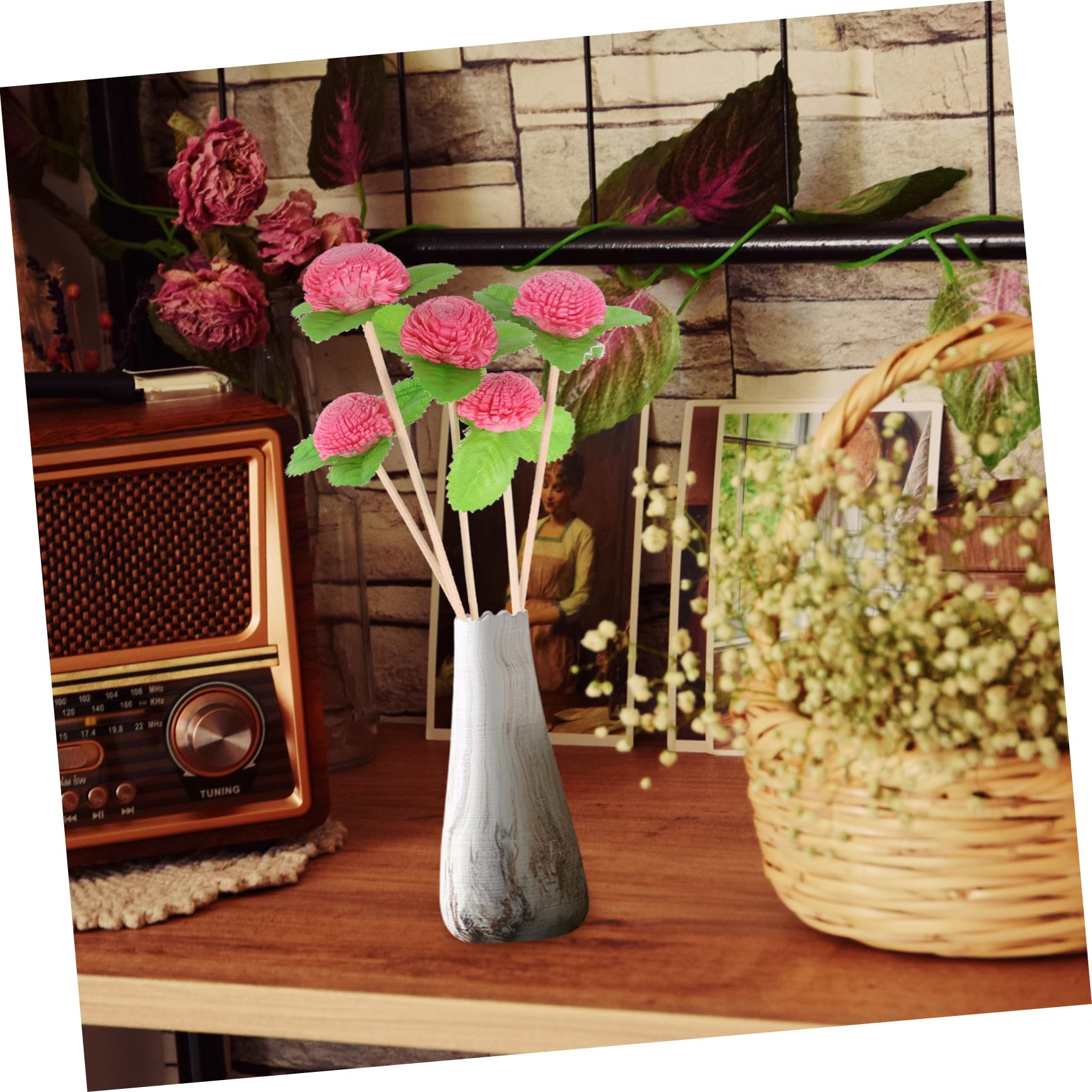 Bâtonnets Diffuseurs Fleur pour Aromathérapie 5pcs en Bois et Plastique, Remplacement, Prévient la Chute, pour Diffuseur D'huile Essentielle