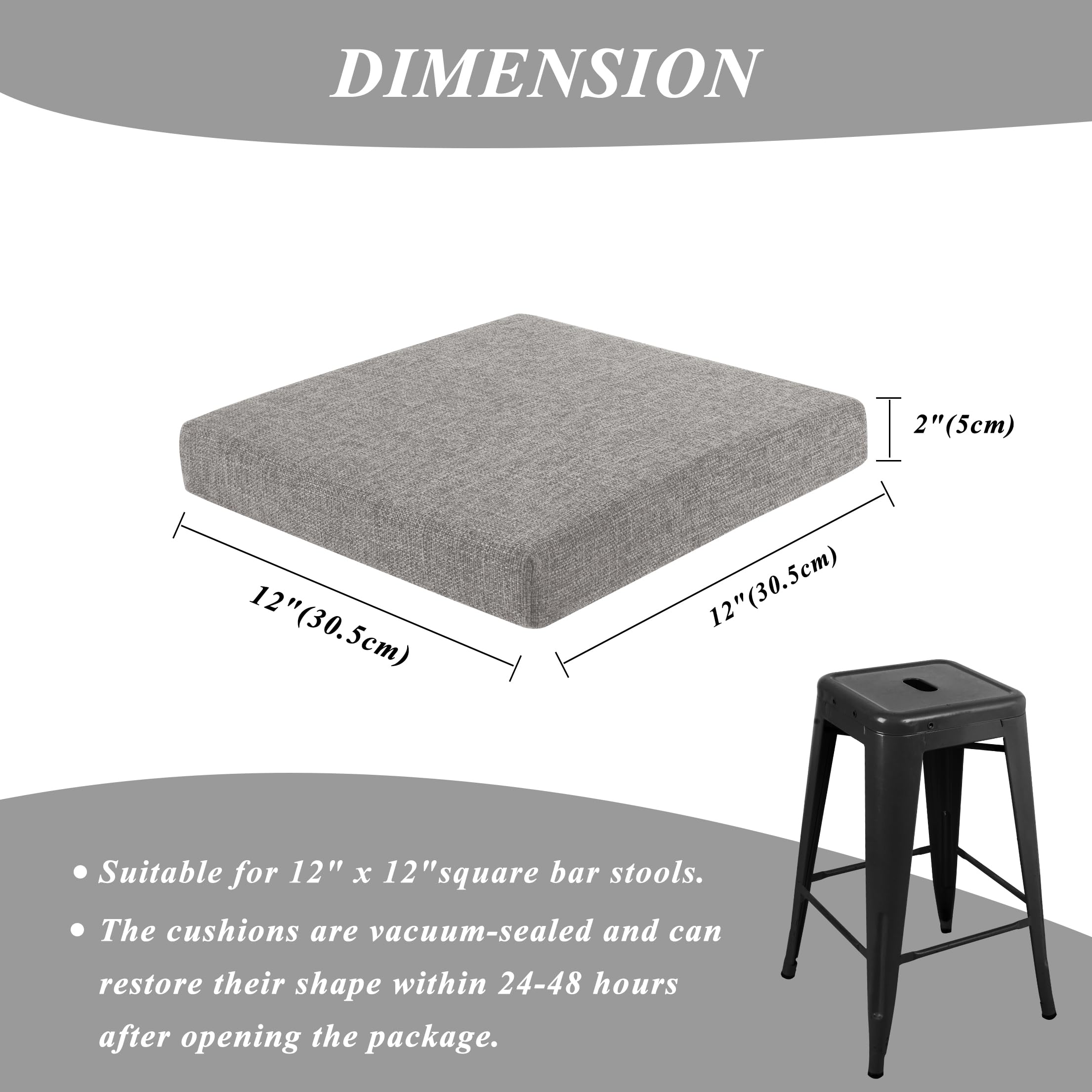 FlyGulls Square Bar Stool Cushions Non-Slip Chair Pads with Ties 2“ Thick Chair Cushions Set of 2 with Machine Washable Cover (Light Grey - Image 2