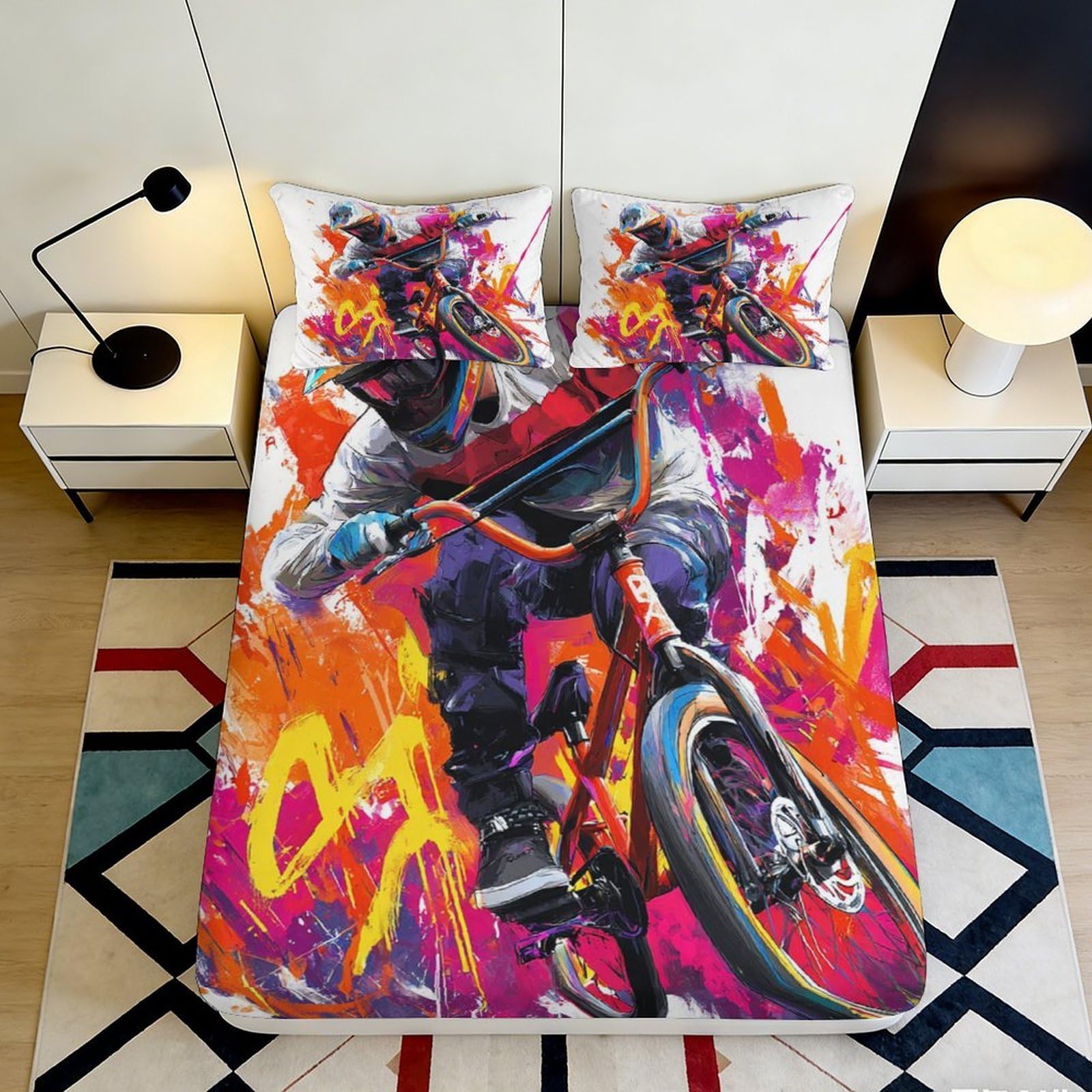 3D Printed Graffiti BMX Fitted Sheet Microfiber Soft Vibrant Urban Street Bed Cover for Bedroom Dorm Decor 90x200x25cm