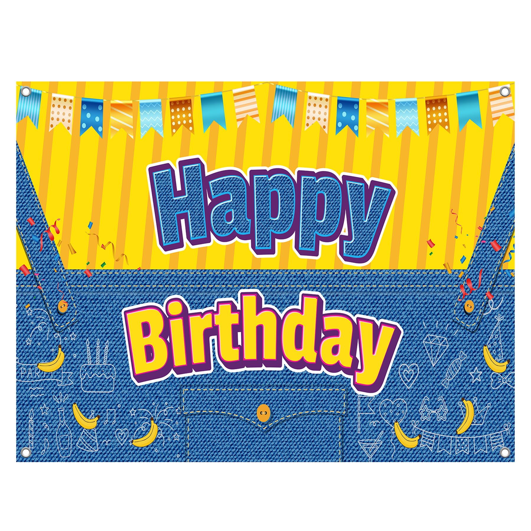 UMURILXY 96x72inch Yellow Cartoon Birthday Backdrop, Blue Jeans Banana Polyester Photography Background for Parties, Photo Booth Prop Decorations