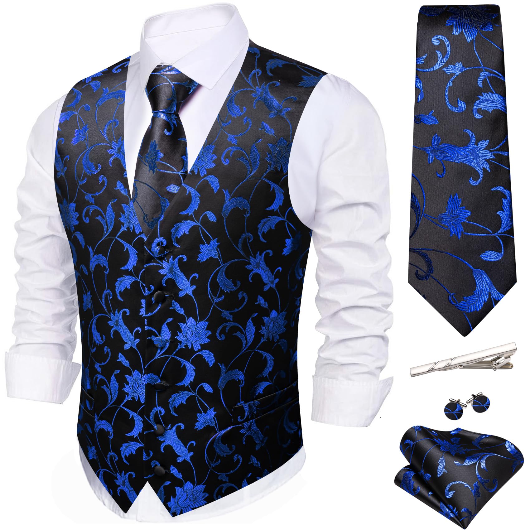Barry.Wang Mens Suit Vest Floral Silk Waistcoat Ties Formal/Leisure 5PCS