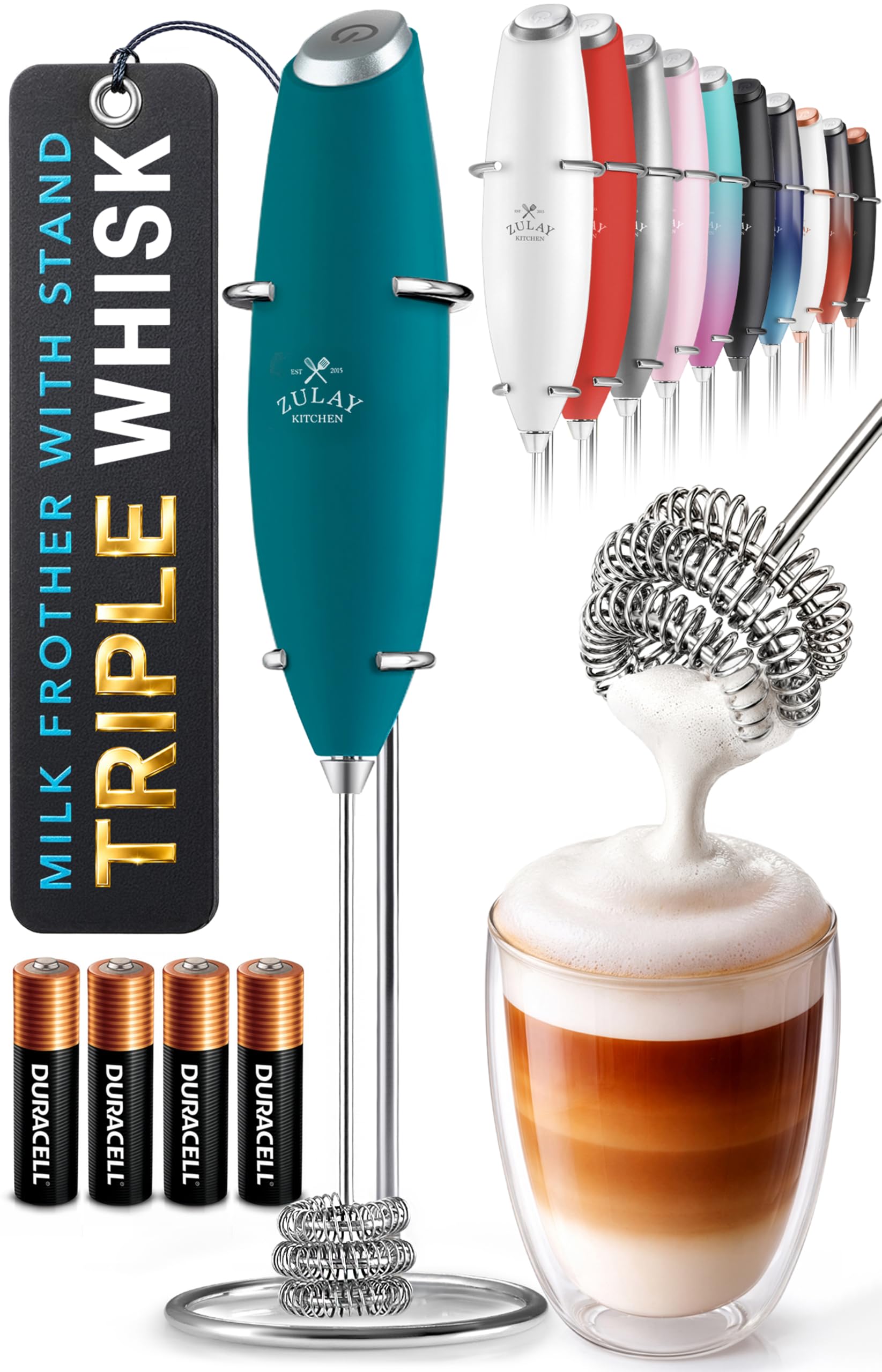 Zulay Kitchen Powerful Milk Frother Wand With Duracell Batteries - Ultra Fast Handheld Drink Mixer - Electric Whisk Foam Maker for Coffee, Lattes, Cappuccino &amp; Matcha - Triple Whisk - Reign Emerald