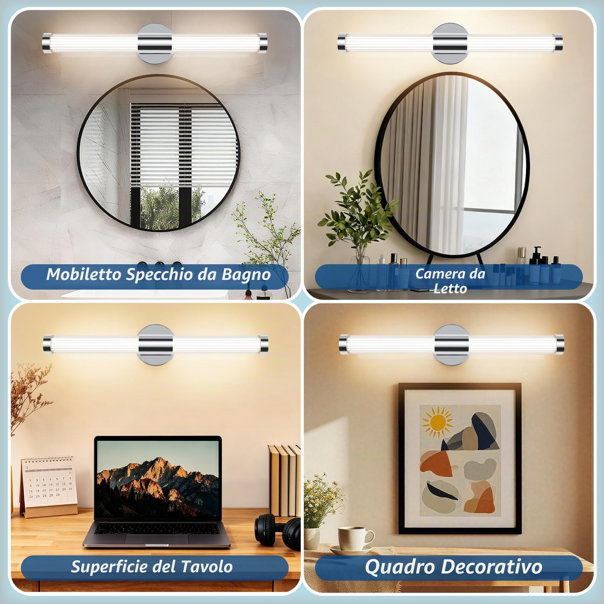 MantoLite Lampada Specchio LED 60cm da Bagno Cromatura a Parete Murale | Lampada led bagno 12w 3cct orientabile 360° ip44 ideale per specchio e illuminazione quadri design moderno