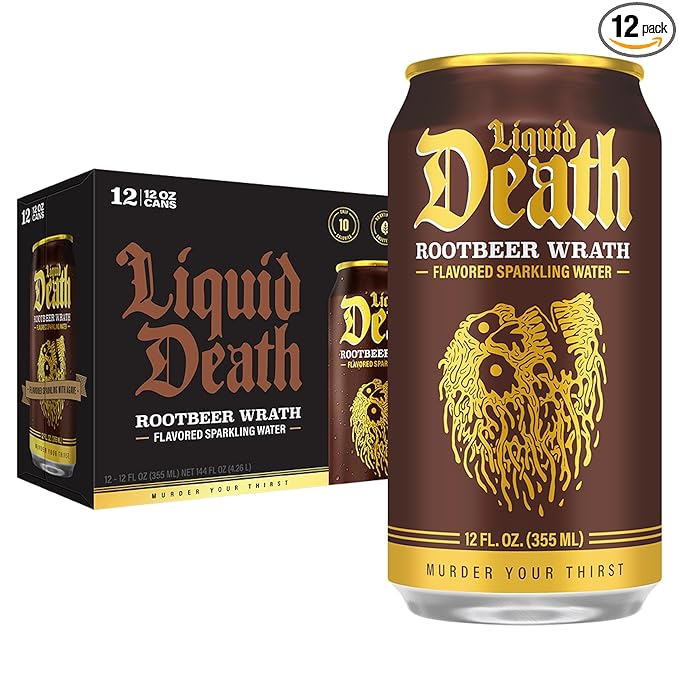 Liquid Death, Rootbeer Wrath, Soda-Flavored Sparkling Water, 12-Pack (12oz Cans), Low Sugar, Huge Flavor & No Artificial Sweeteners