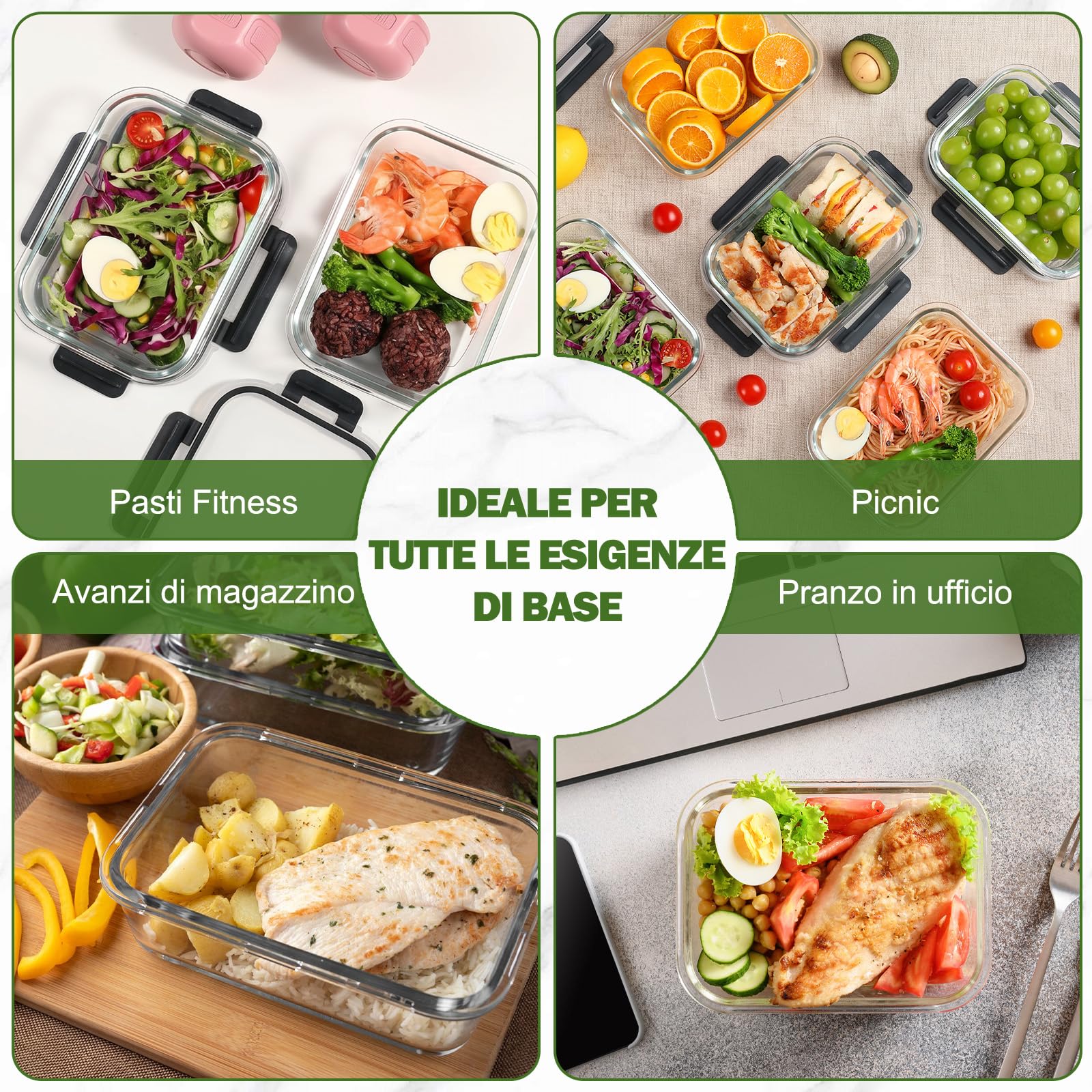 YASHE Set 12 Contenitori Vetro per Alimenti con Coperchi Ermetici, Senza BPA, Adatti a Microonde, Forno, Frigo e Congelatore, per Meal Prep, Nero