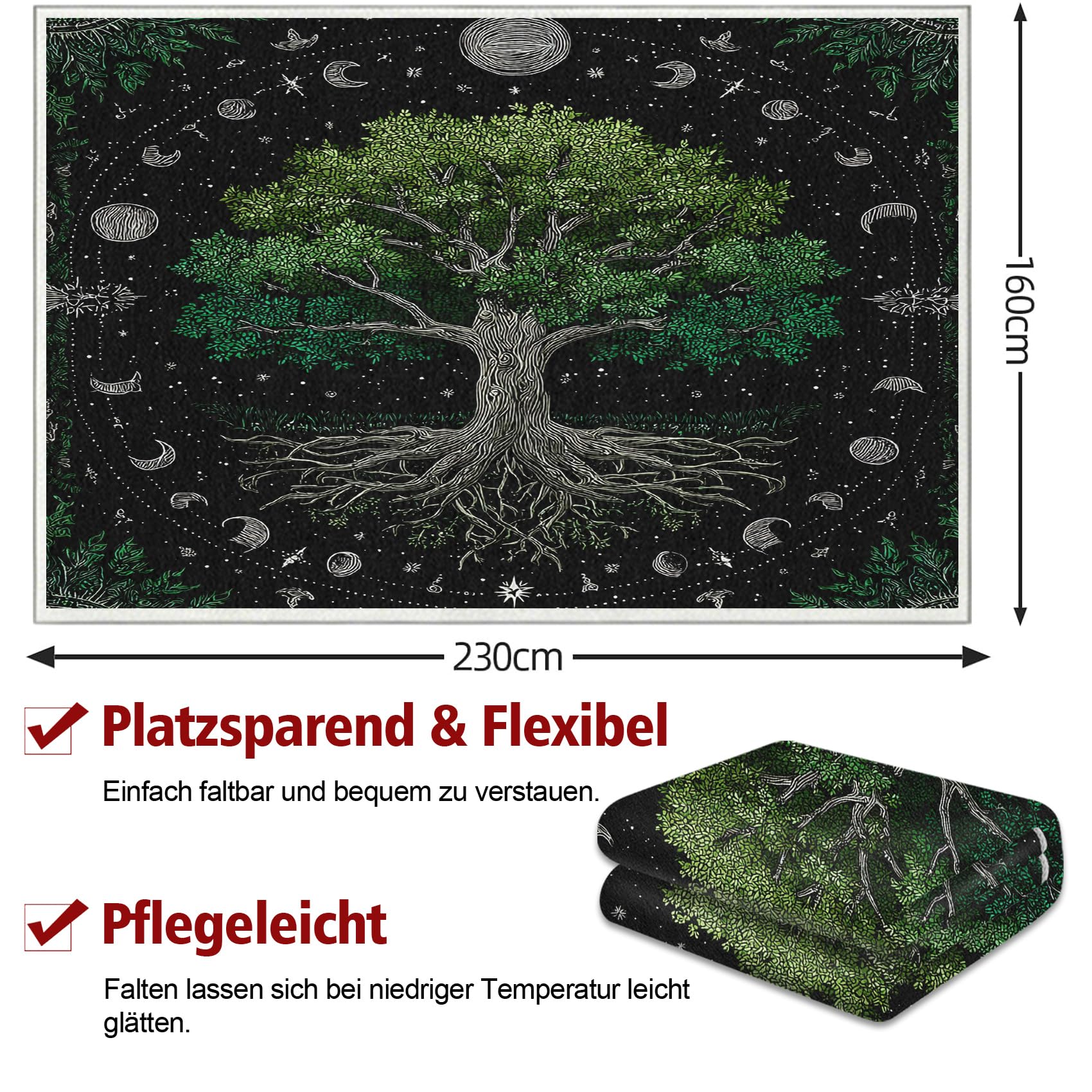 Generisch Grün Lebensbaum Teppich Wohnzimmer 140x200, Hippie Sonne Mond Trippy Teppiche Waschbarer & Rutschfester Weicher Kurzflor für Schlafzimmer, Küchenteppich Deko S5d&515