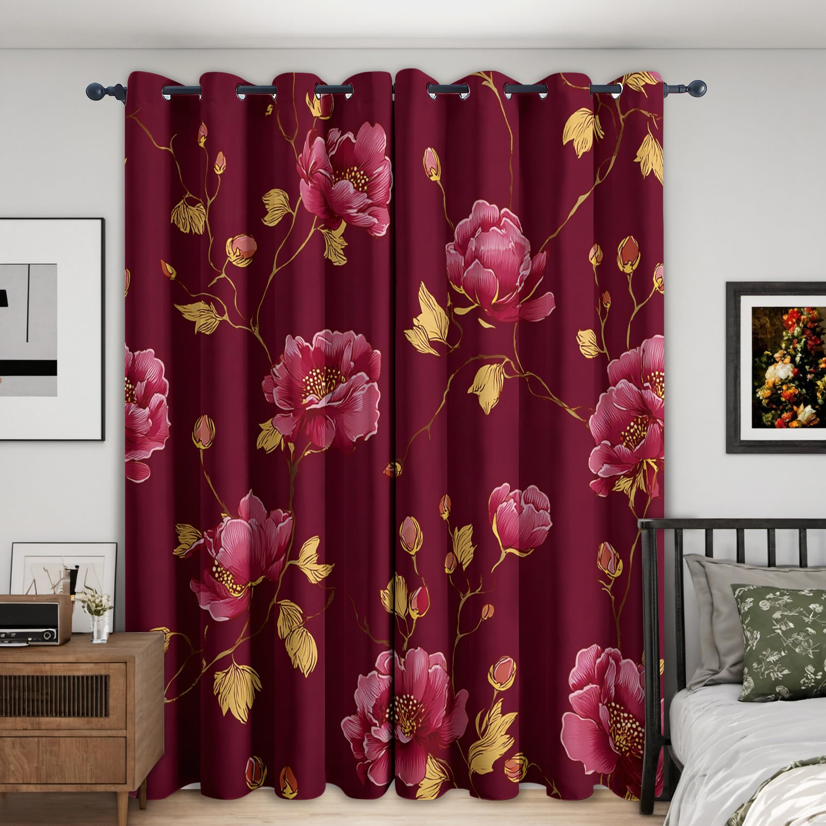Pink Flower Curtains Blackout Thermal 90 Inch Drop, Floral Burgundy Window Treatments for Living Room Bedroom Accessories, Eyelet Drapes 66x90, 2 Panels YD71