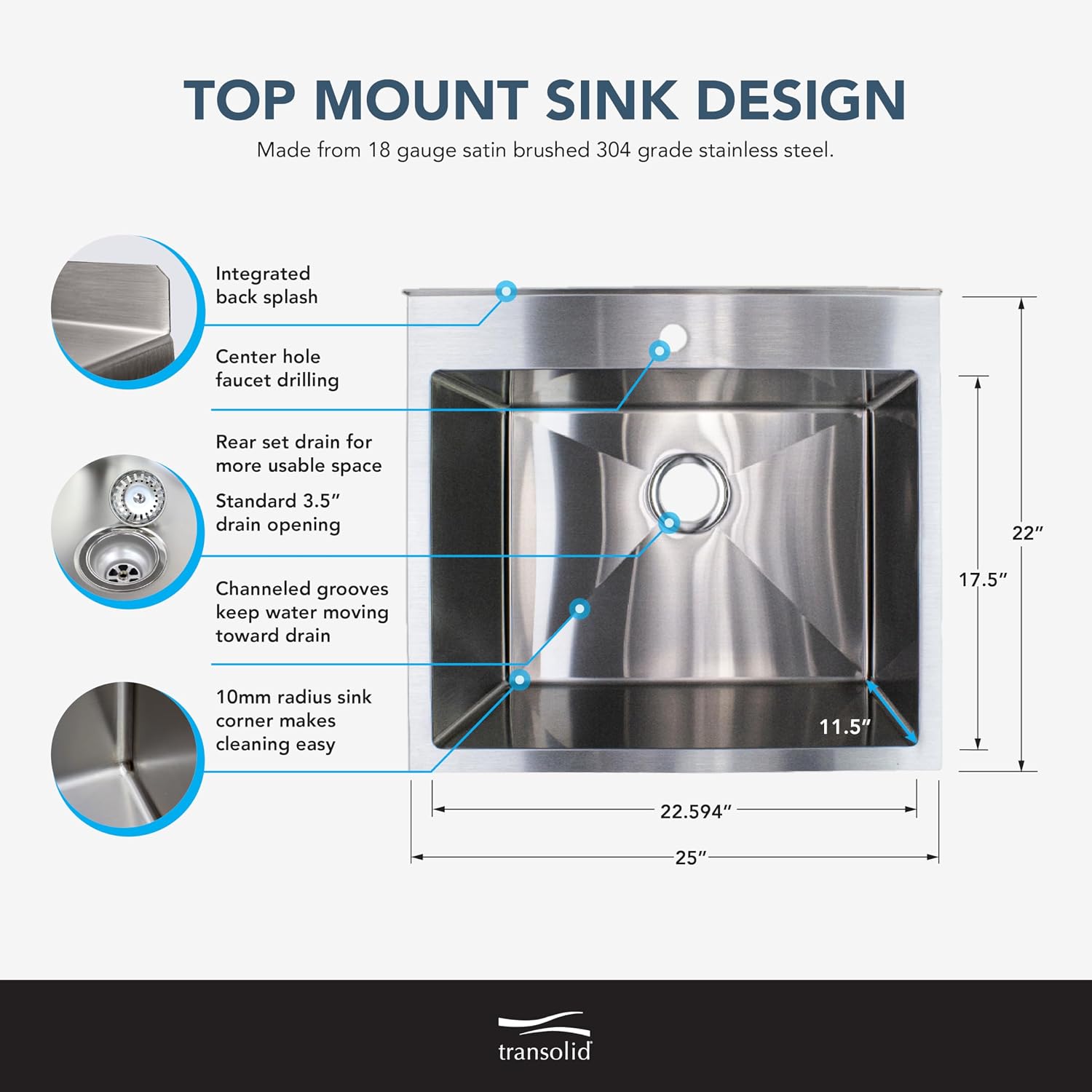 Transolid 25 in. x 22 in. x 34.3 in. 18-Gauge 304 Stainless Steel Freestanding Laundry Utility Sink with Wash Stand, Dual-Spray Faucet, Drain, and Roller Mat — Brushed Stainless (TFH-2522-SS)