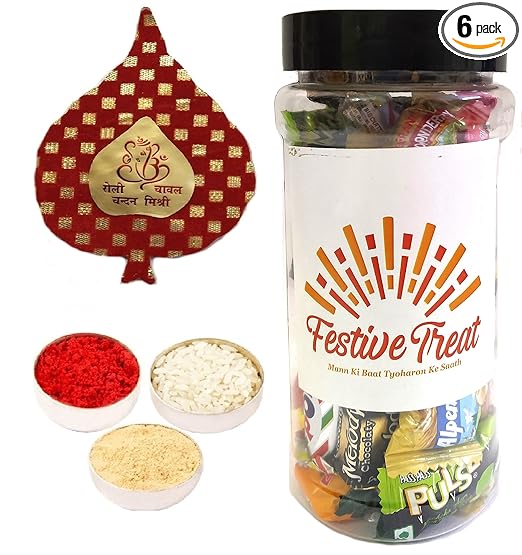 Bhai Dooj TIkka for Kids, Festive Treat Jar Gift, Personal Message & Roli Chandan Chawal Mishri Pack for Chota Bhaiya Brother