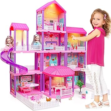 beefunni Doll House, Dream Dollhouse for Girls,Doll Houses 4-5 7-8 Year Old with 4 Stories -11 Rooms, 2 Dolls and Furniture, Princess Dollhouse 2025 Christmas Toy Gifts for 3 4 5 6 7 8+ Year Old Girls
