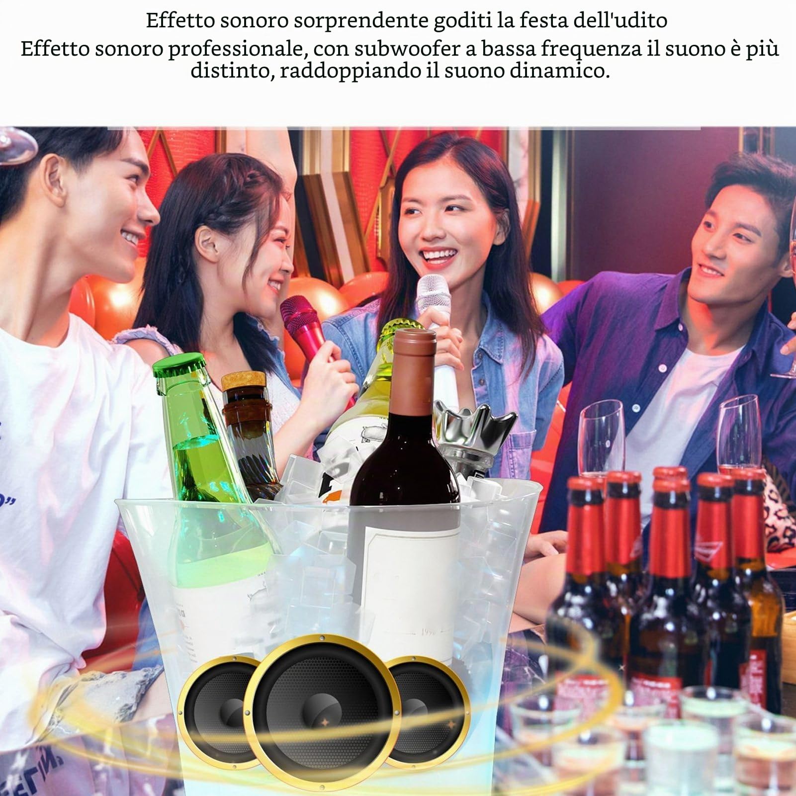 Secchiello per il Ghiaccio a LED con Altoparlante Bluetooth, 7 Litri di Grande capacità 4 modalità di Luce Secchiello per Vino, Ghiaccio, Birra Colorata con Coperchio, Batteria