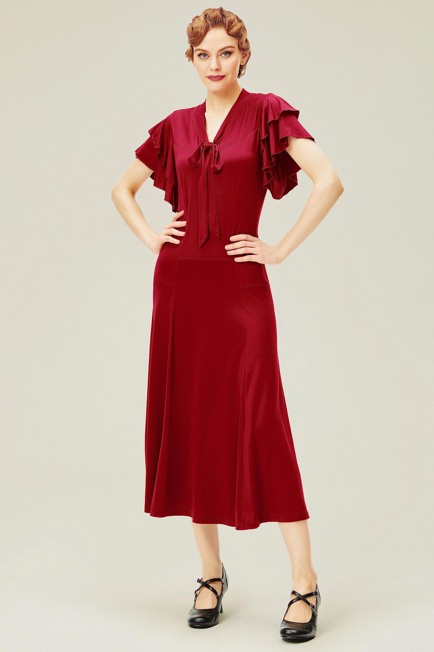 BABEYOND Robe de cocktail vintage des années 1920 à volants avec col noué pour femme