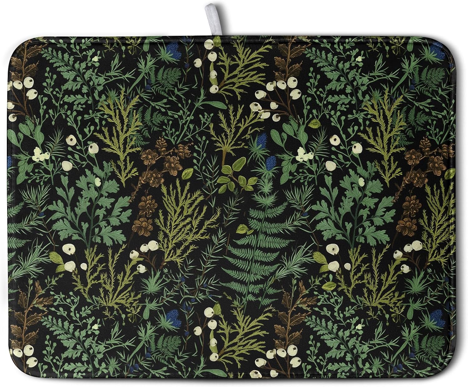 Black Sage Green Plant Dish Drying Mat for Kitchen Counter Vintage Botanic Fern Leaves Floral Dish Drainer Mats Absorbent Microfiber Dishes Pad Reusable Washable Large Dish Draining Mat 18x24 Inch