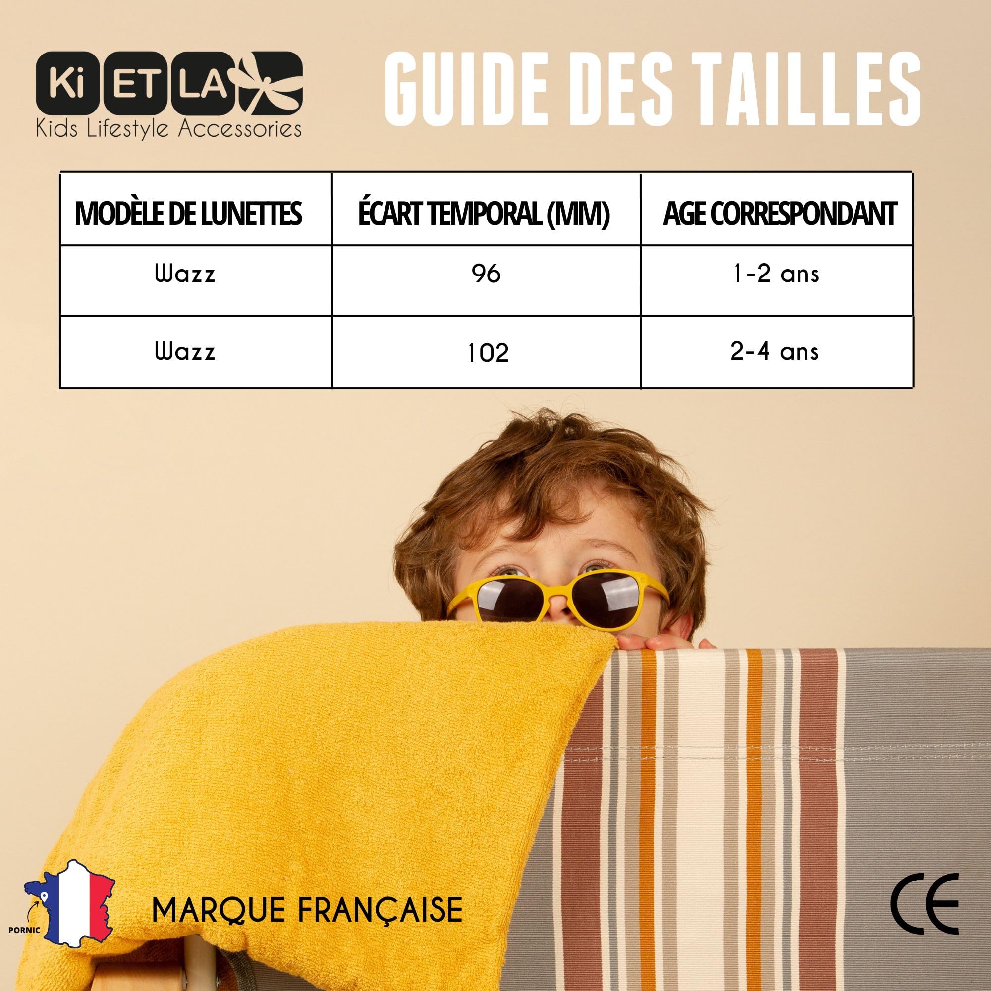 KI ET LA - WAZZ - Lunettes de Soleil Bébé 1-4 ans Norme CE - Protection UV Totale - Ultra Légères - Souples - Incassables - Filtre Lumière Bleu - Marque Française