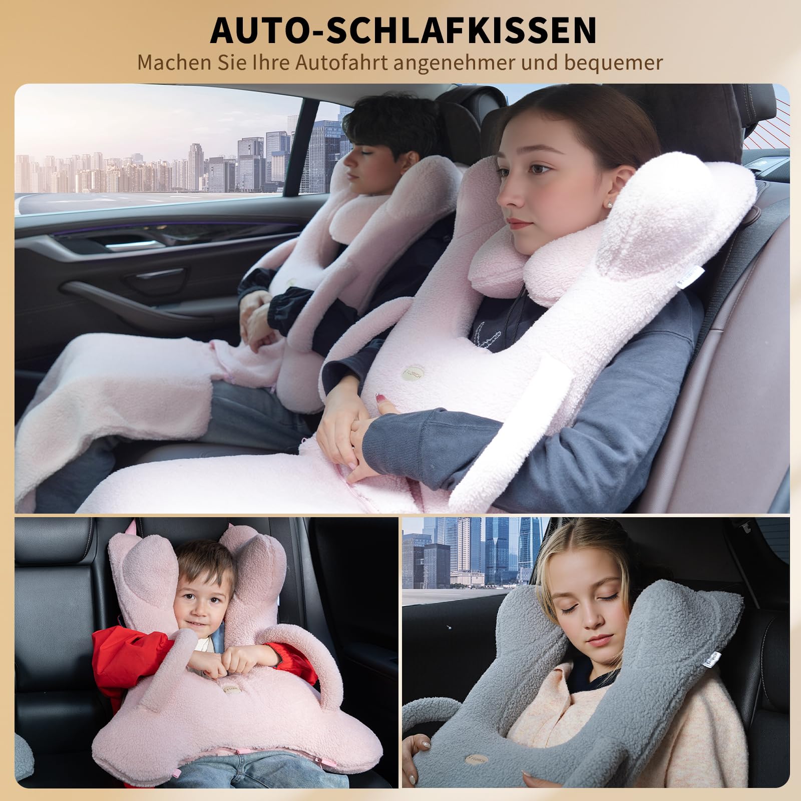 FLORICH Cuscino Auto Bambini a Forma di H, Cuscini Viaggio Bambini, Lavabile e Traspirante con Cuscino per il Collo e Coperta per Bambini e Adulti per le Vacanze in Auto (Rosa01)