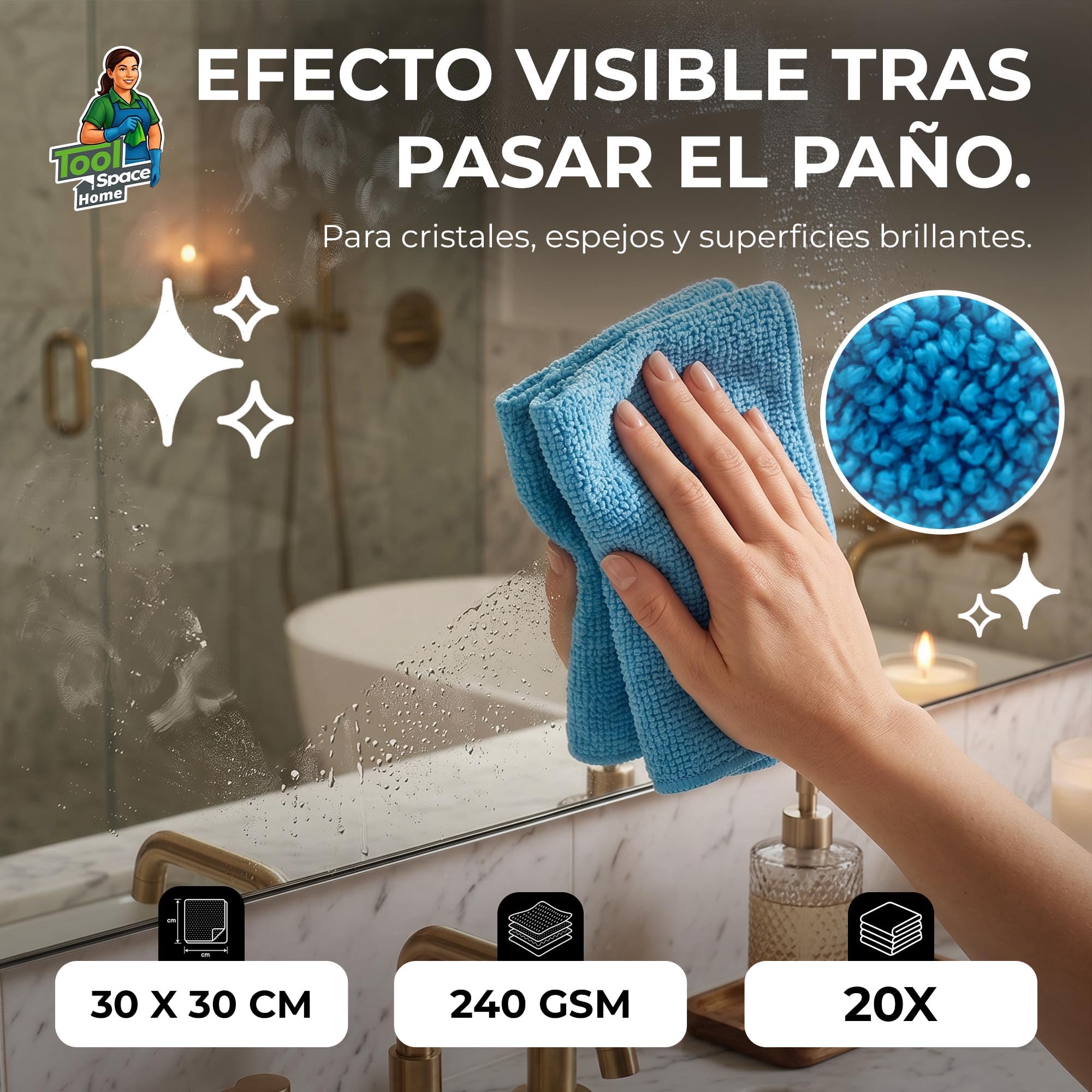 ToolSpace Paños de Microfibra 30x30 cm 20 Unidades 240 gsm para Coche Cocina Baño Cristales Espejos Muebles Suaves Absorbentes Reutilizables Sin Rayas Microfibra 80/20 Multicolor Limpieza Hogar