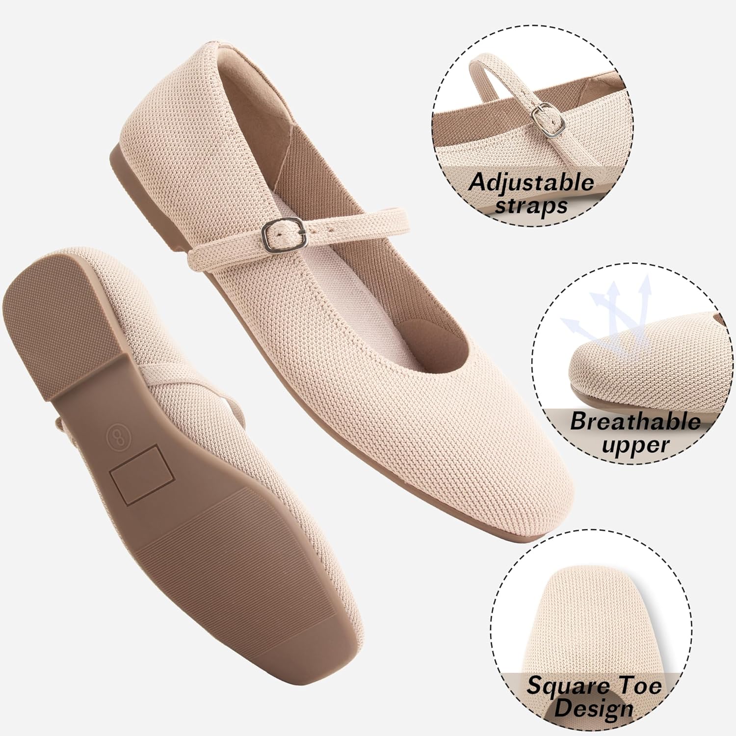 Square Toe Mary Jane Flats for Women Dressy Comfortable Knit Ballet Flat Adjustable Strap for Work - Image 4