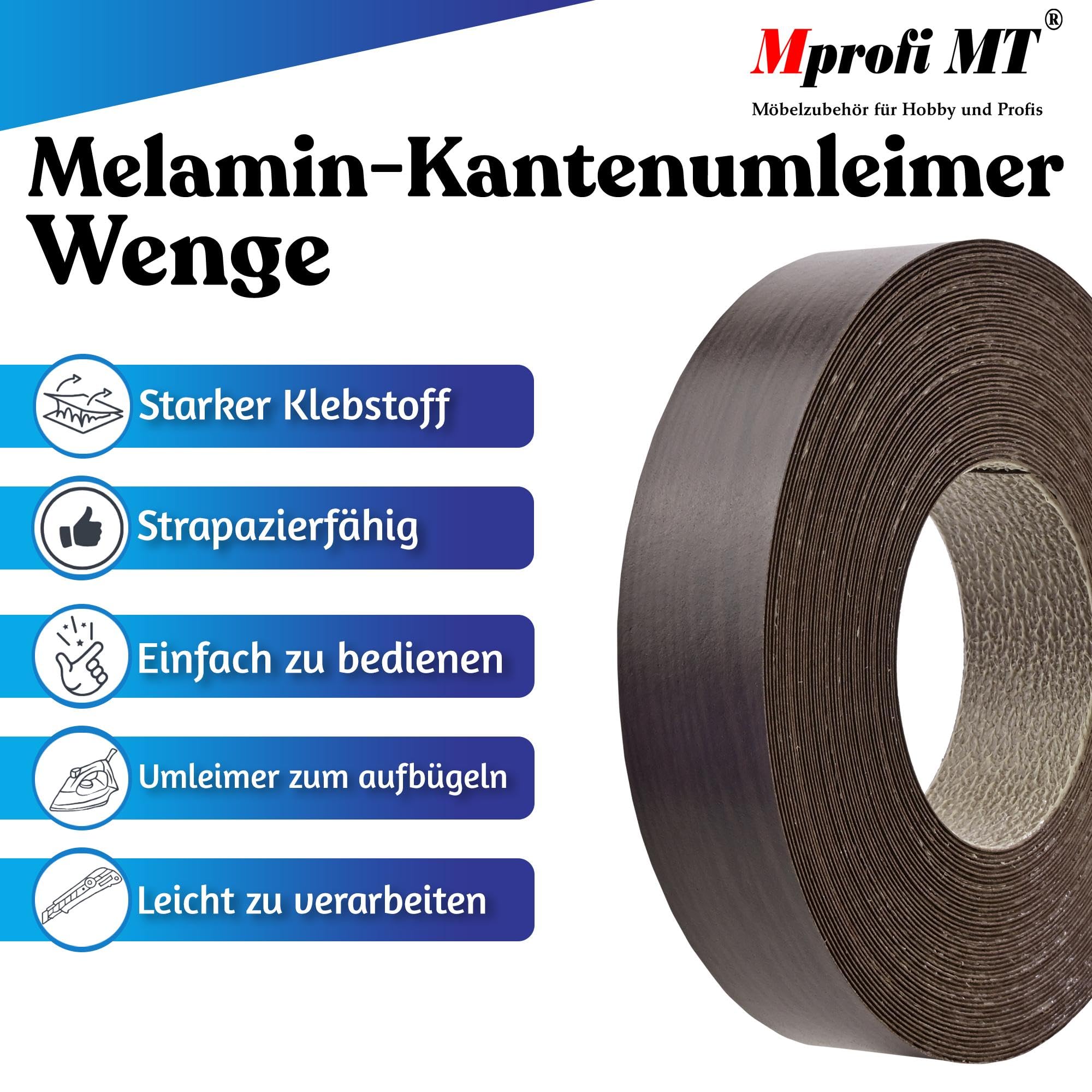 Mprofi MT® Kantenumleimer Wenge | 28 mm x 50 m | Melamin Kantenband | Bügelkante für Möbel & Regale | Kantenumleimer mit Schmelzkleber | Bügelkante für Möbel & Regale – 1720/28/50