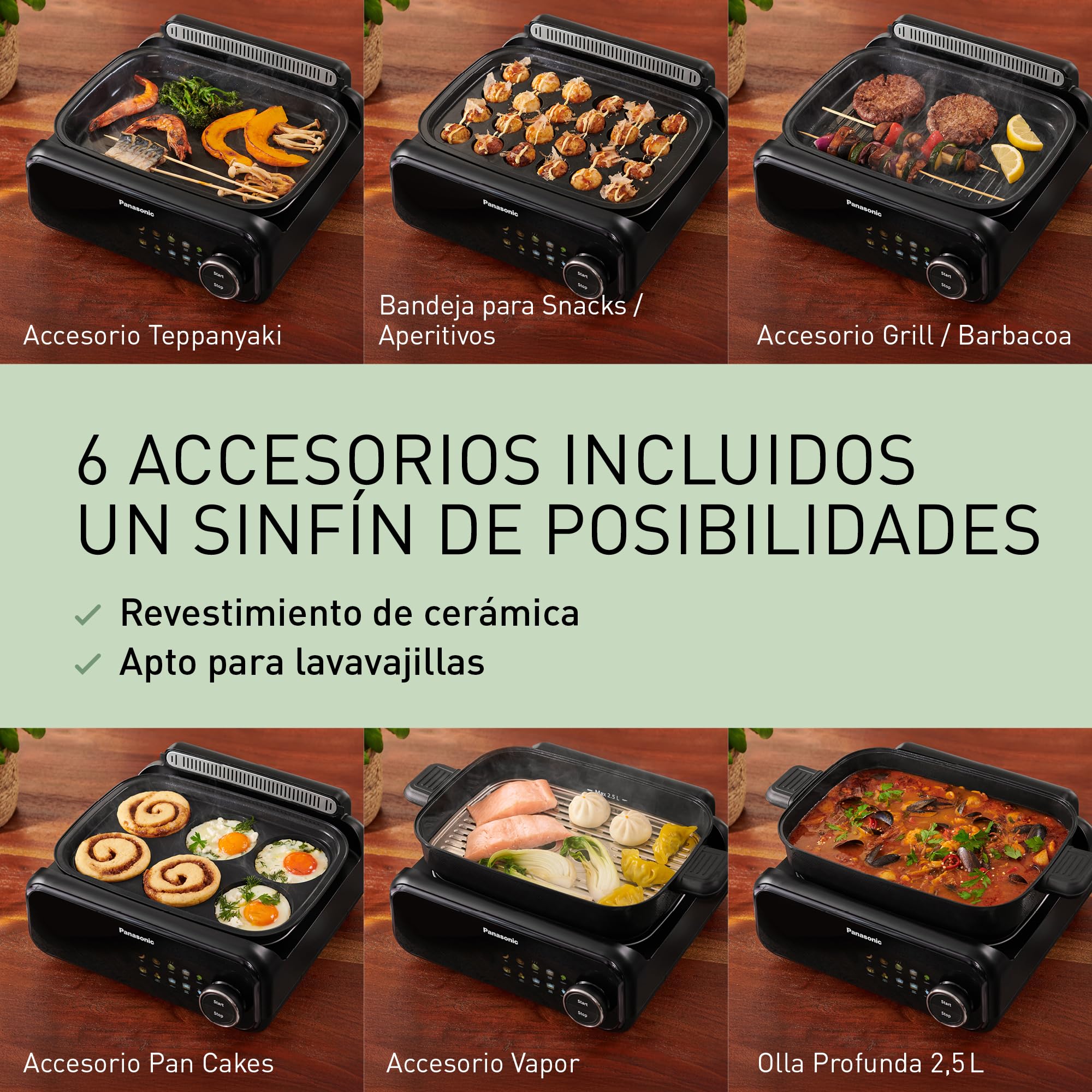 Panasonic NF-GM600 Multi Cooker 6 en 1, Grill Electrico, Freír, Cocción Lenta, BBQ, Vapor, Saltear, 1400W, 40–250°C, 9 Modos Automáticos, Extractor de Humo, Bandejas aptas para lavavajillas