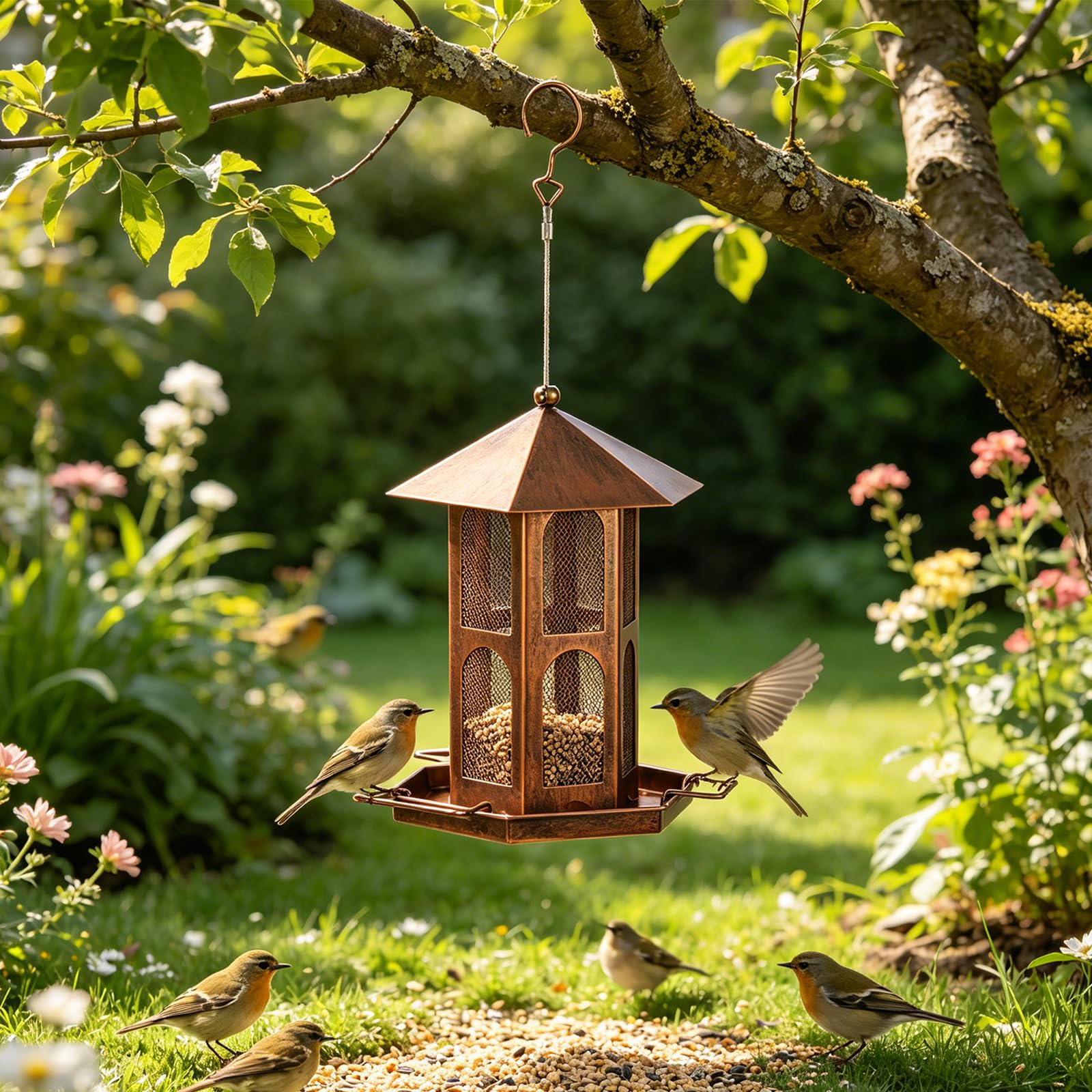 Mangiatoia per uccelli in rete per l ' alimentazione degli uccelli selvatici, supporto per alimenti sospeso con tetto e vassoio per trespolo per alberi da giardino o da patio, 19 cm / 7, 48 X 25