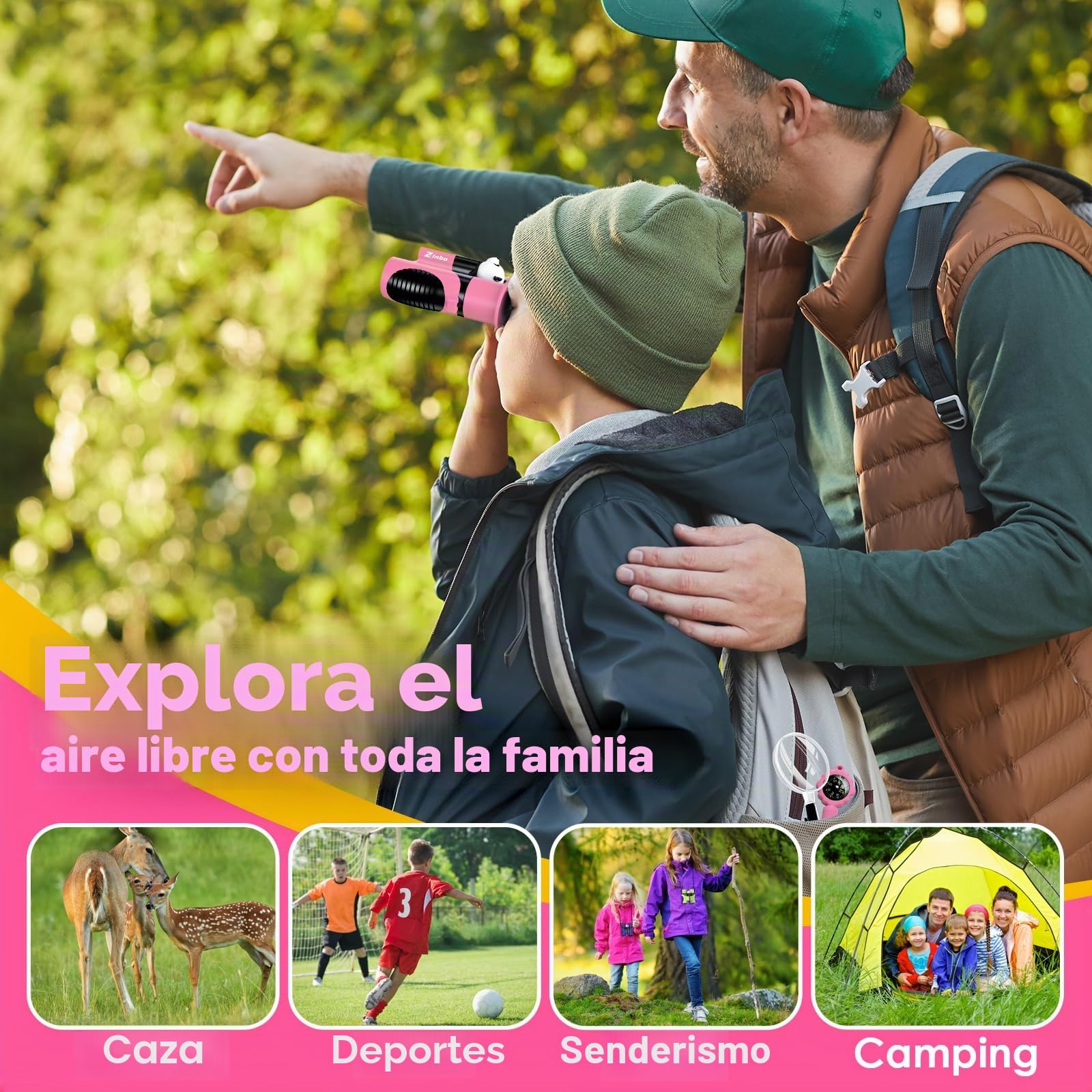 Prismáticos para niños de 8x21 Pulgadas, óptica Real de Alta resolución, Juego con Lupa y brújula de Silbato, prismáticos para niños de 3 a 12 años, Viajes, exploración de la Naturaleza (Rosa)