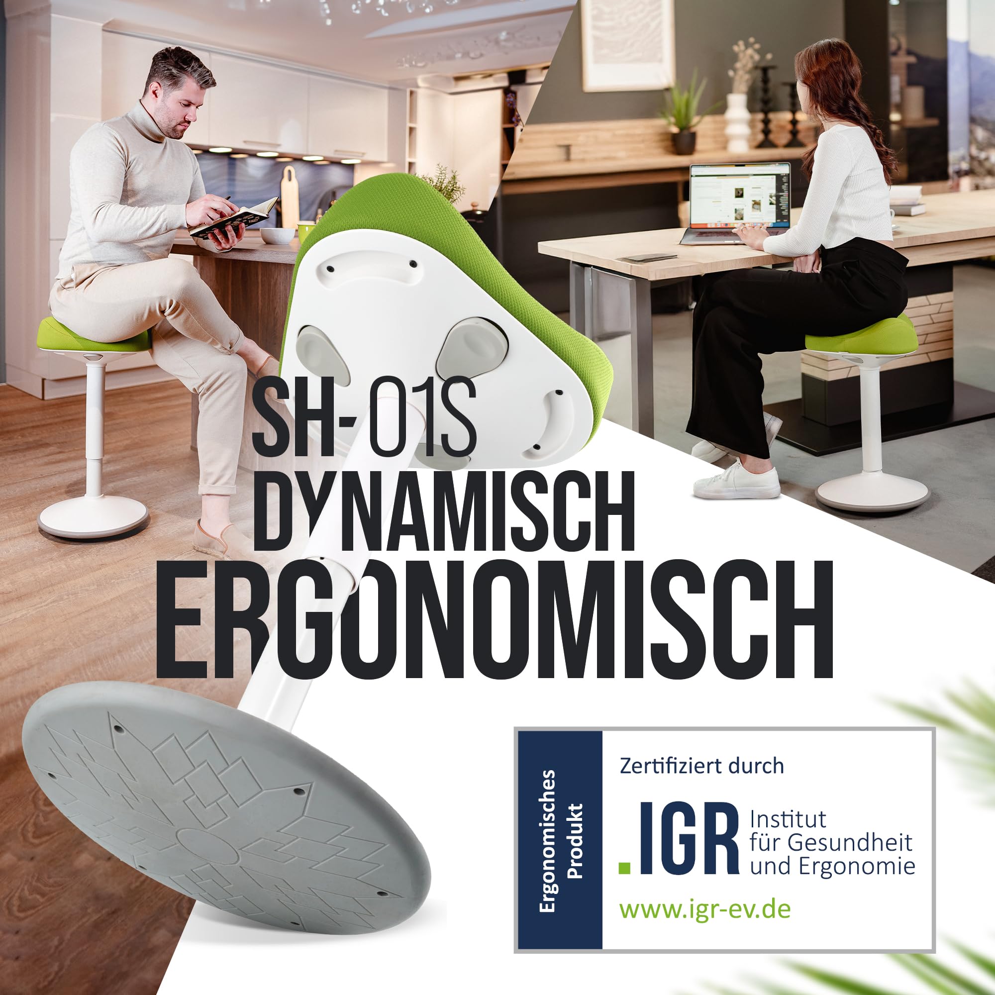 SH-01S Bürohocker Ergonomisch [IGR Zertifiziert] | Sitzhocker ergonomisch höhenverstellbar [47-65 cm]| Ergonomischer Hocker für Arbeit & Freizeit | Schwingeffekt [rutschfest] (Grün)