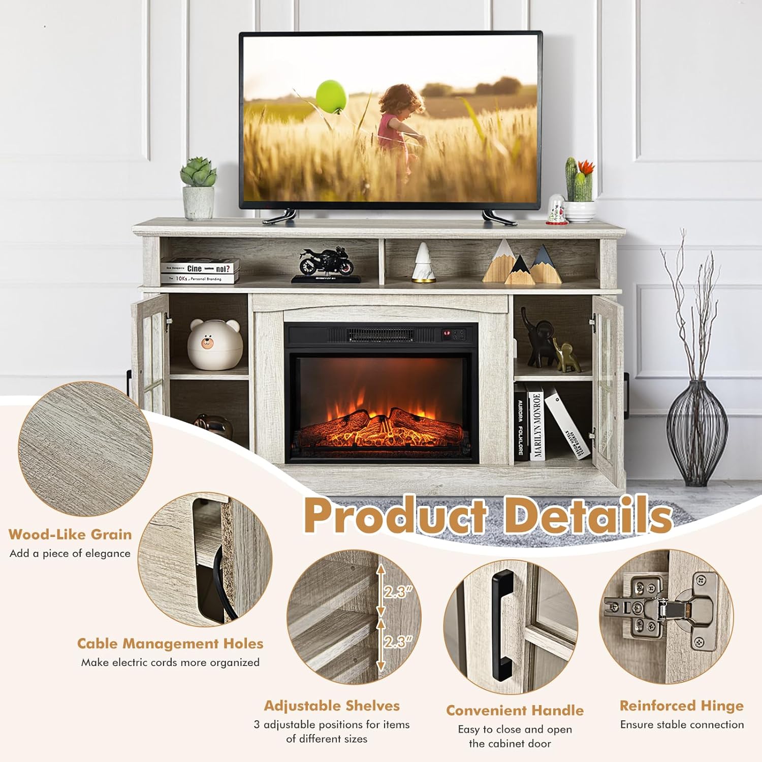 GOFLAME 58" TV Stand with Electric Fireplace Insert, Fireplace Entertainment Center with Side Cabinets & Adjustable Shelves, Overheat Protection, Remote Control & Timer for TVs up to 65 Inches (Grey)