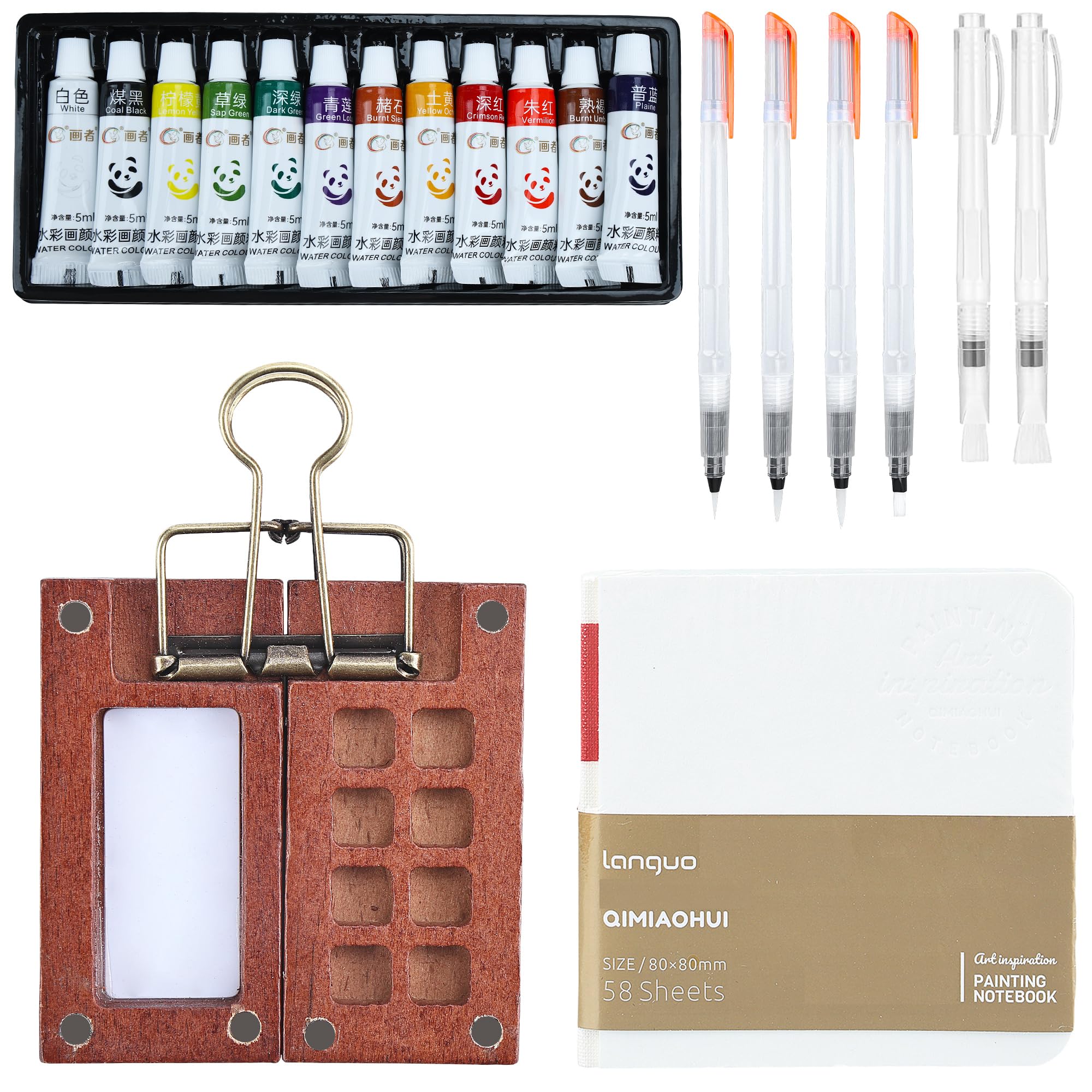 HQLESHUI Paint Palette Travel Kit, Mini Watercolor Paint Set, 2.36'' Wooden Grid Paint Box, Portable Artist Watercolor Travel Set for Painting Parties