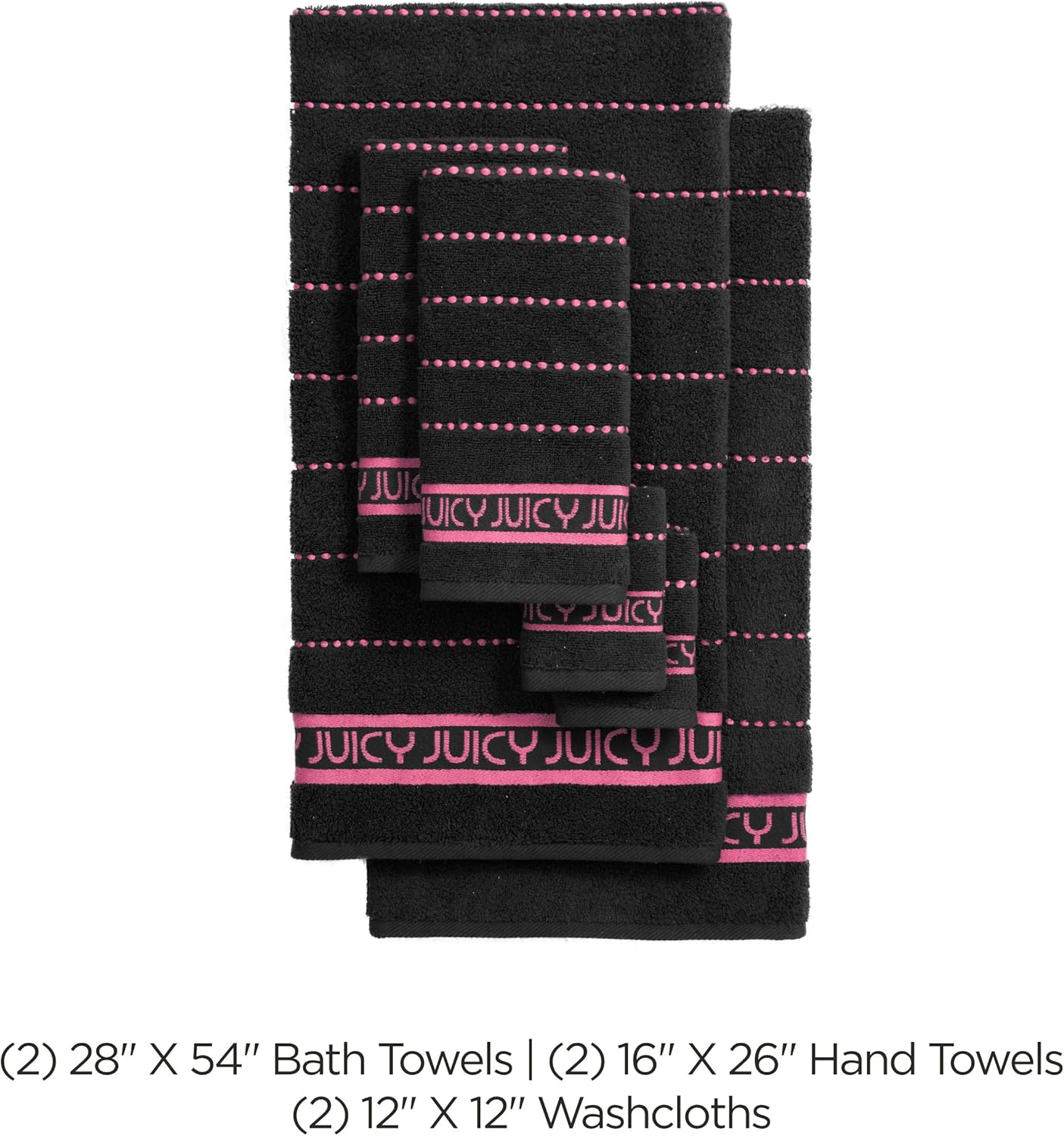 Juicy Couture Luxurious Plush Stripe 6-Piece Set - Black 100% Cotton Bath Towel Set - Soft and Stylish for Ultimate Comfort and Elegance