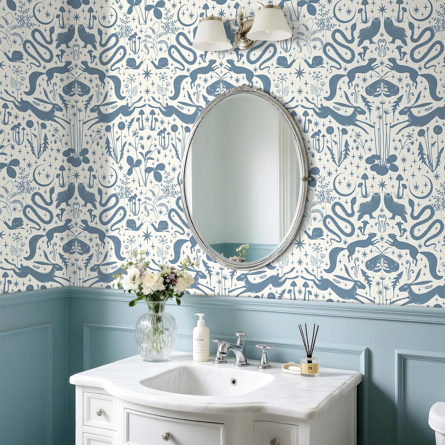 Livelynine 17.5x276 Blue Peel and Stick Wallpaper Woodland Animal Moon Stars Floral Bird Blue Wall Paper for Bedrooms Boys Room Playroom Classroom Nursery Renter Friendly Contact Paper Decorative