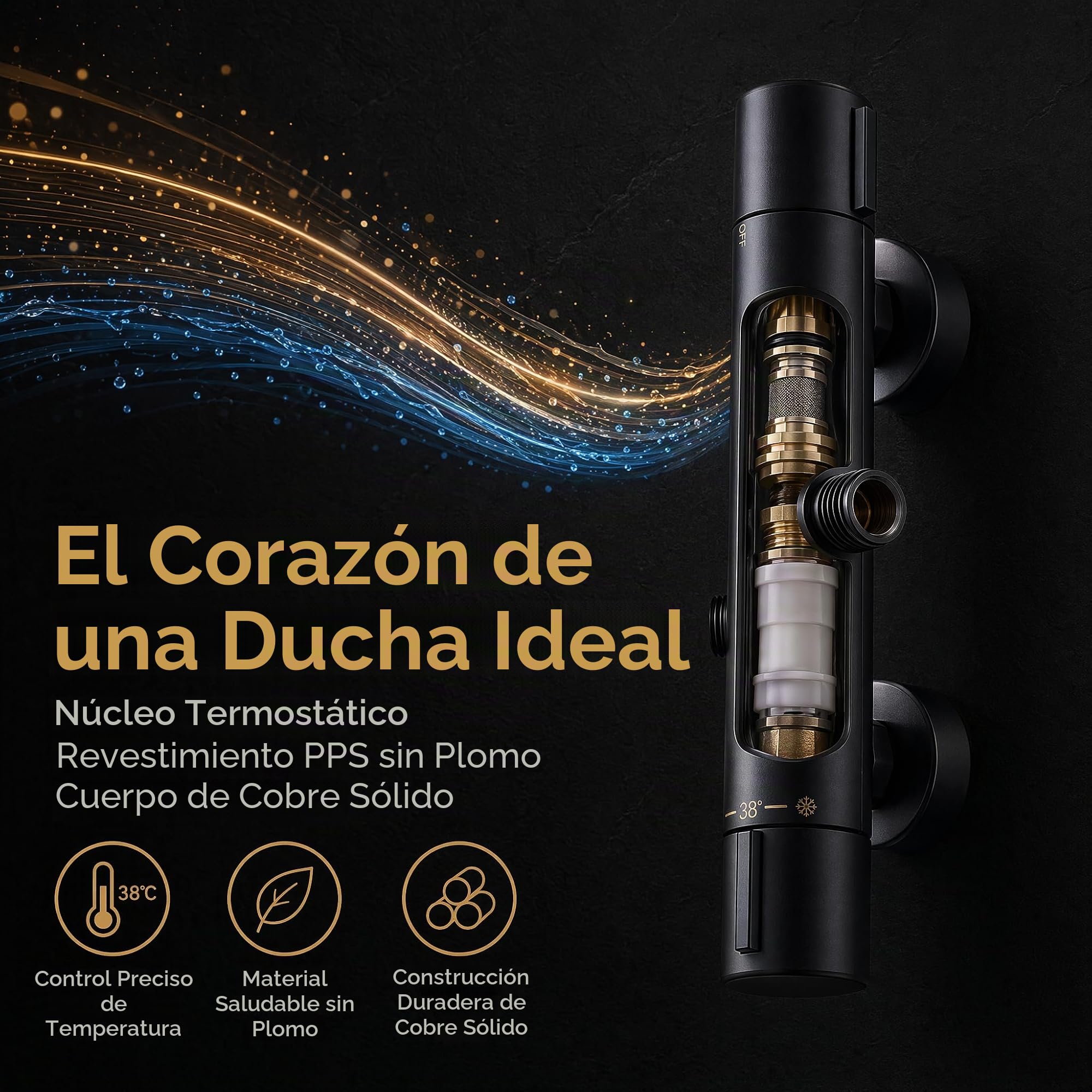 Grifos de Ducha Termostáticos 38 ℃ Termostato de Ducha de Bañera Negro Inferior G 1/2 "Superior 3/4"BSP Grifo de Ducha de dos Salidas Grifo de Ducha Termostático Cromado de Latón