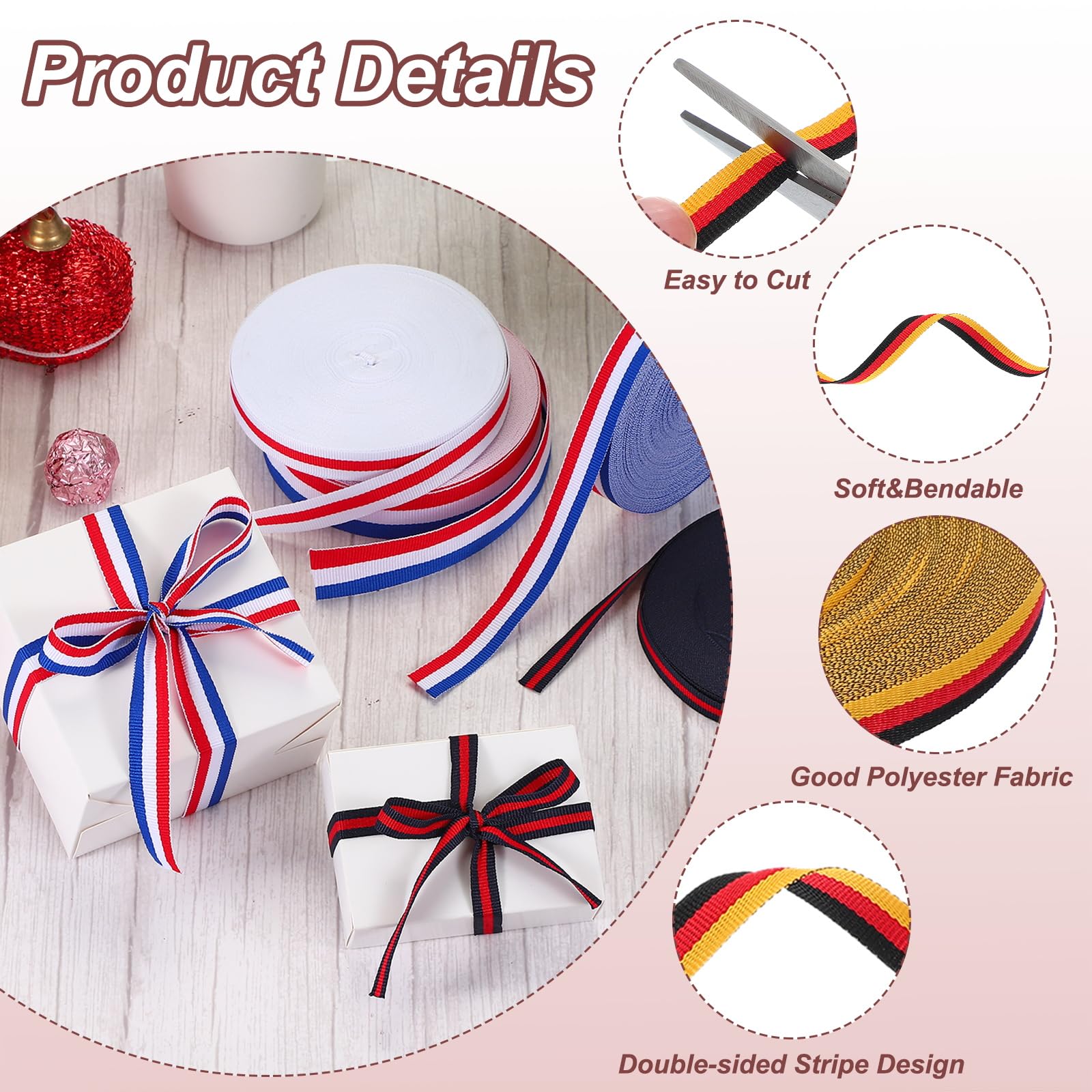 PATIKIL 3/8" Black Red Yellow Striped Grosgrain Ribbon - Image 3